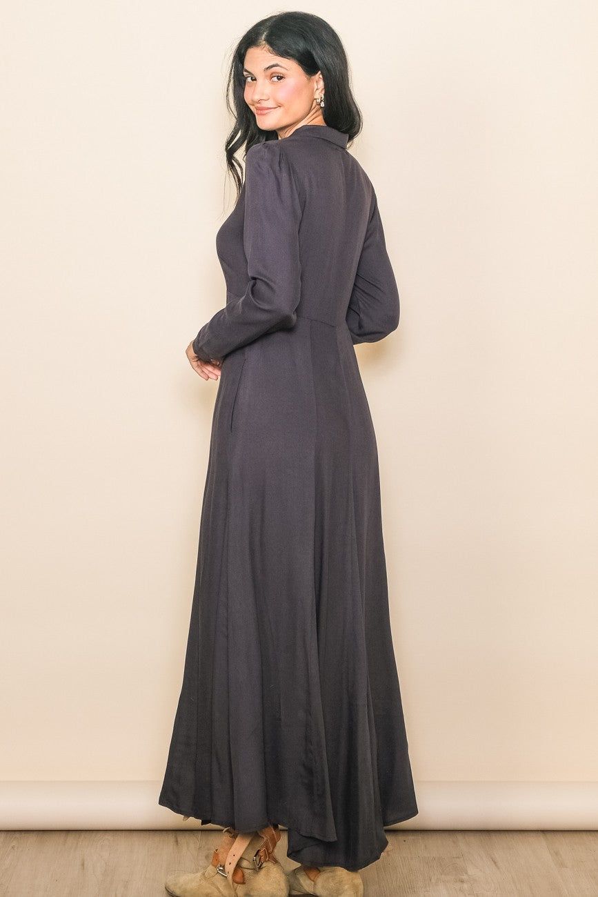 Charcoal Collared Button Down Long Sleeve Maxi Dress sold by Pinkblush product image thumbnail 3