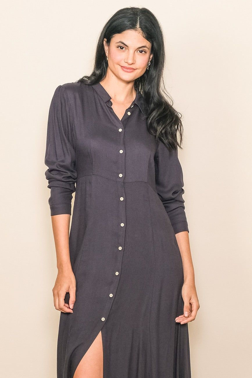 Charcoal Collared Button Down Long Sleeve Maxi Dress sold by Pinkblush product image thumbnail 4