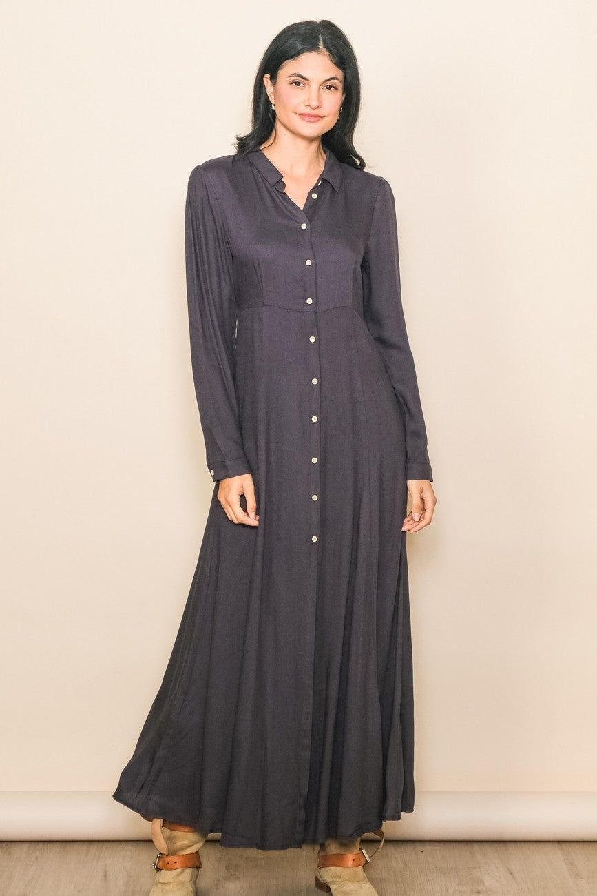 Charcoal Collared Button Down Long Sleeve Maxi Dress sold by Pinkblush