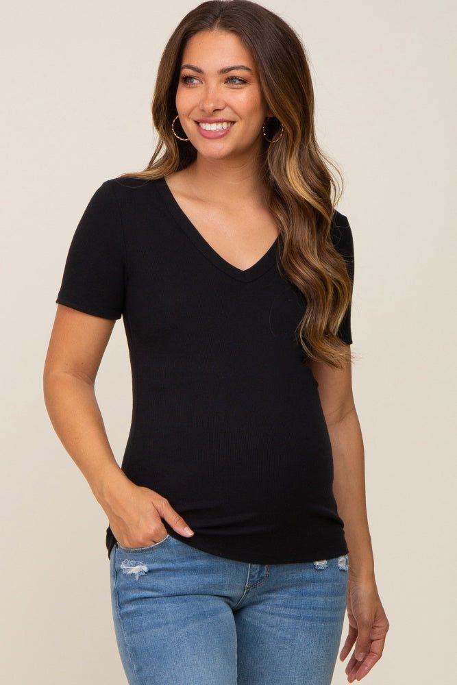 Black Ribbed V-Neck Maternity Top sold by Pinkblush