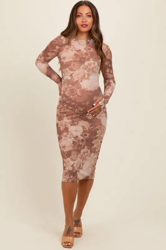 Rust Floral Mesh Overlay Fitted Maternity Midi Dress sold by Pinkblush