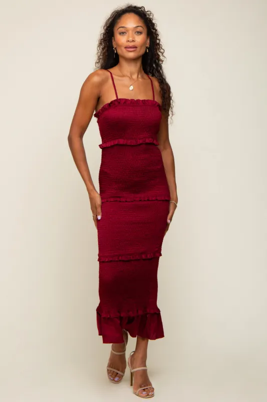 Burgundy Satin Smocked Fitted Midi Dress sold by Pinkblush