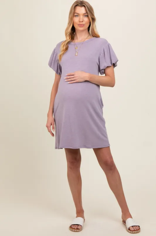 Lavender Gathered Puff Sleeve Terry Knit Maternity Dress sold by Pinkblush