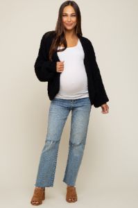 Black Cropped Chunky Open Knit Maternity Cardigan sold by Pinkblush