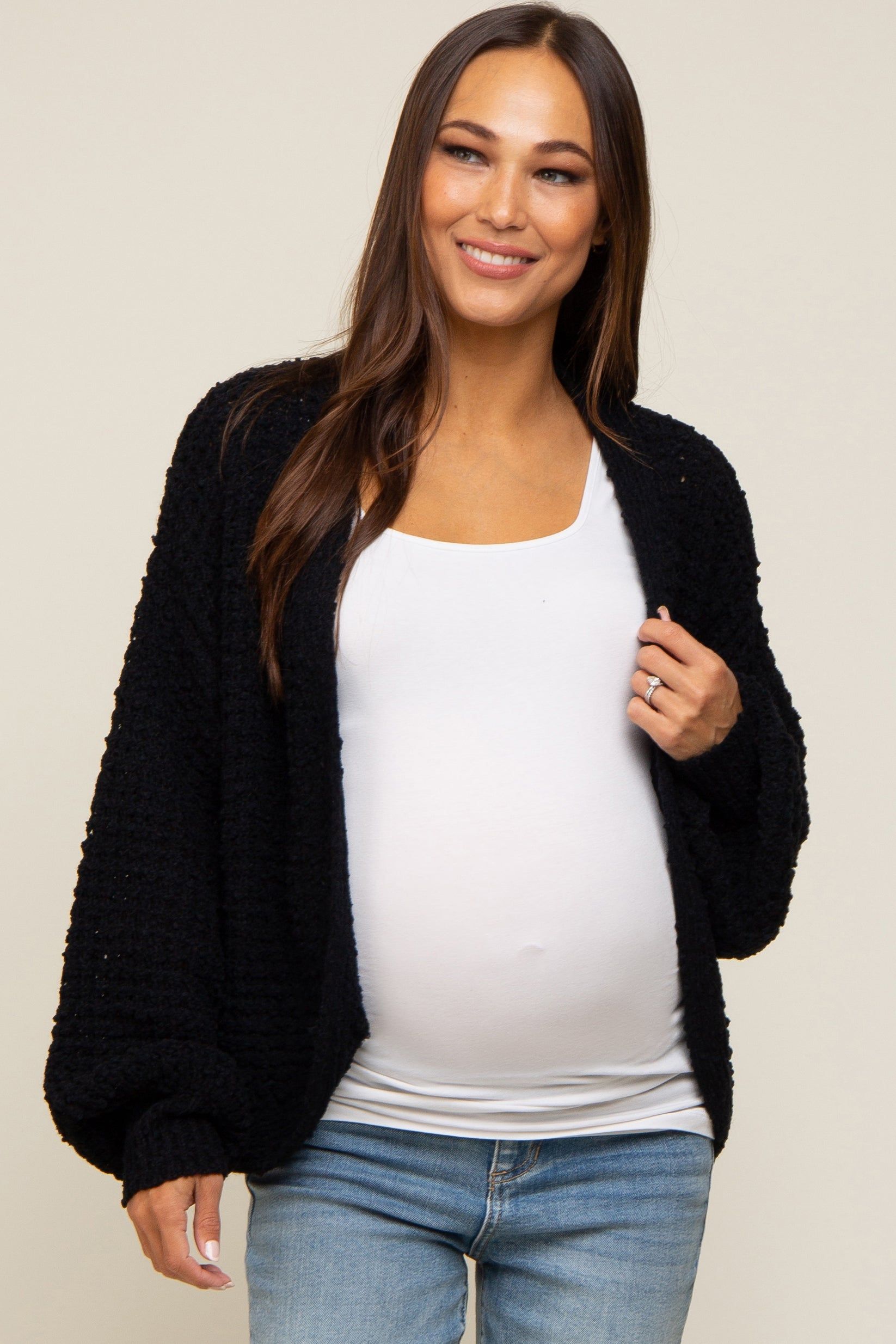Black Cropped Chunky Open Knit Maternity Cardigan sold by Pinkblush