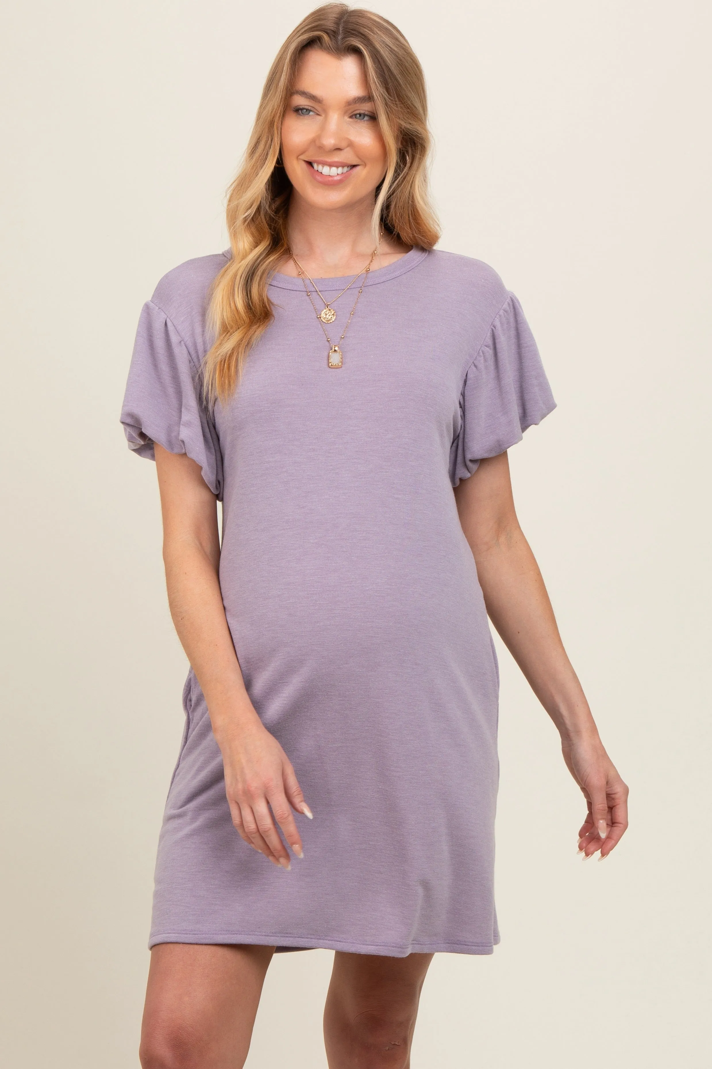 Lavender Gathered Puff Sleeve Terry Knit Maternity Dress sold by Pinkblush product image thumbnail 2