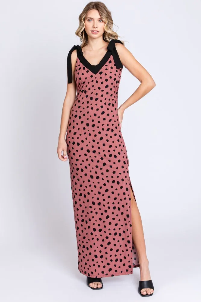 Mauve Ribbed Polka Dot Shoulder Tie Maxi Dress sold by Pinkblush