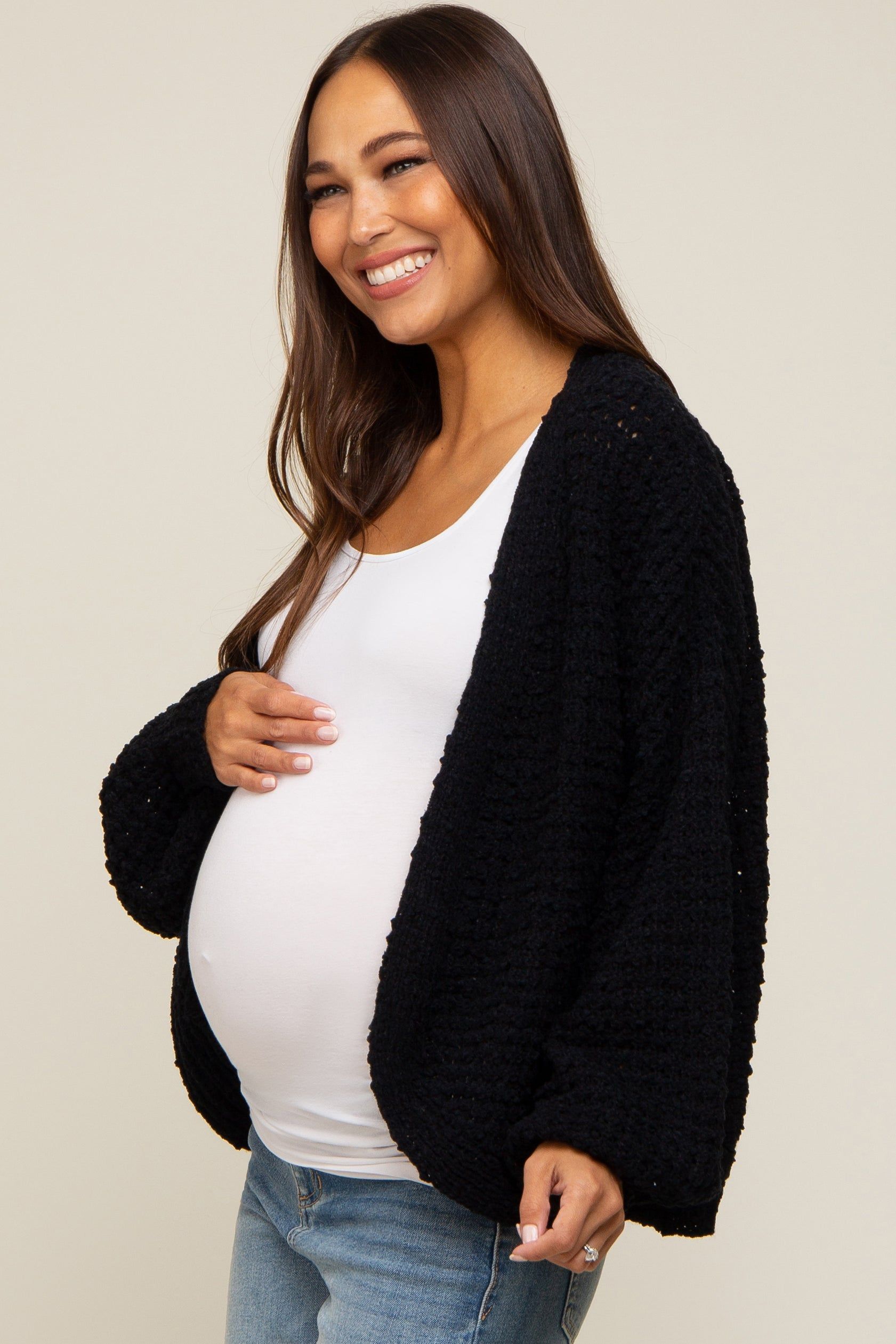 Black Cropped Chunky Open Knit Maternity Cardigan sold by Pinkblush product image thumbnail 2