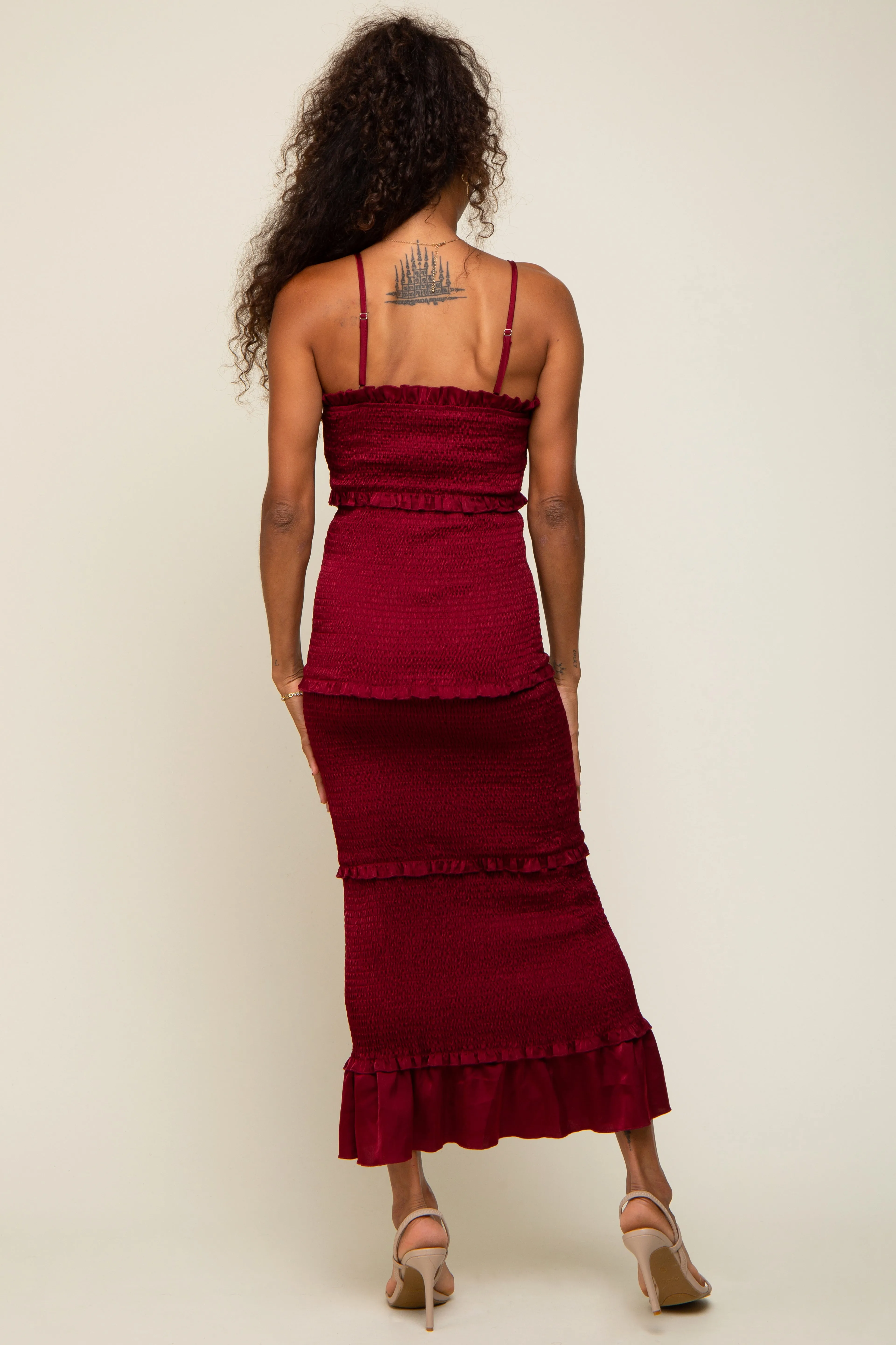 Burgundy Satin Smocked Fitted Midi Dress sold by Pinkblush product image thumbnail 3