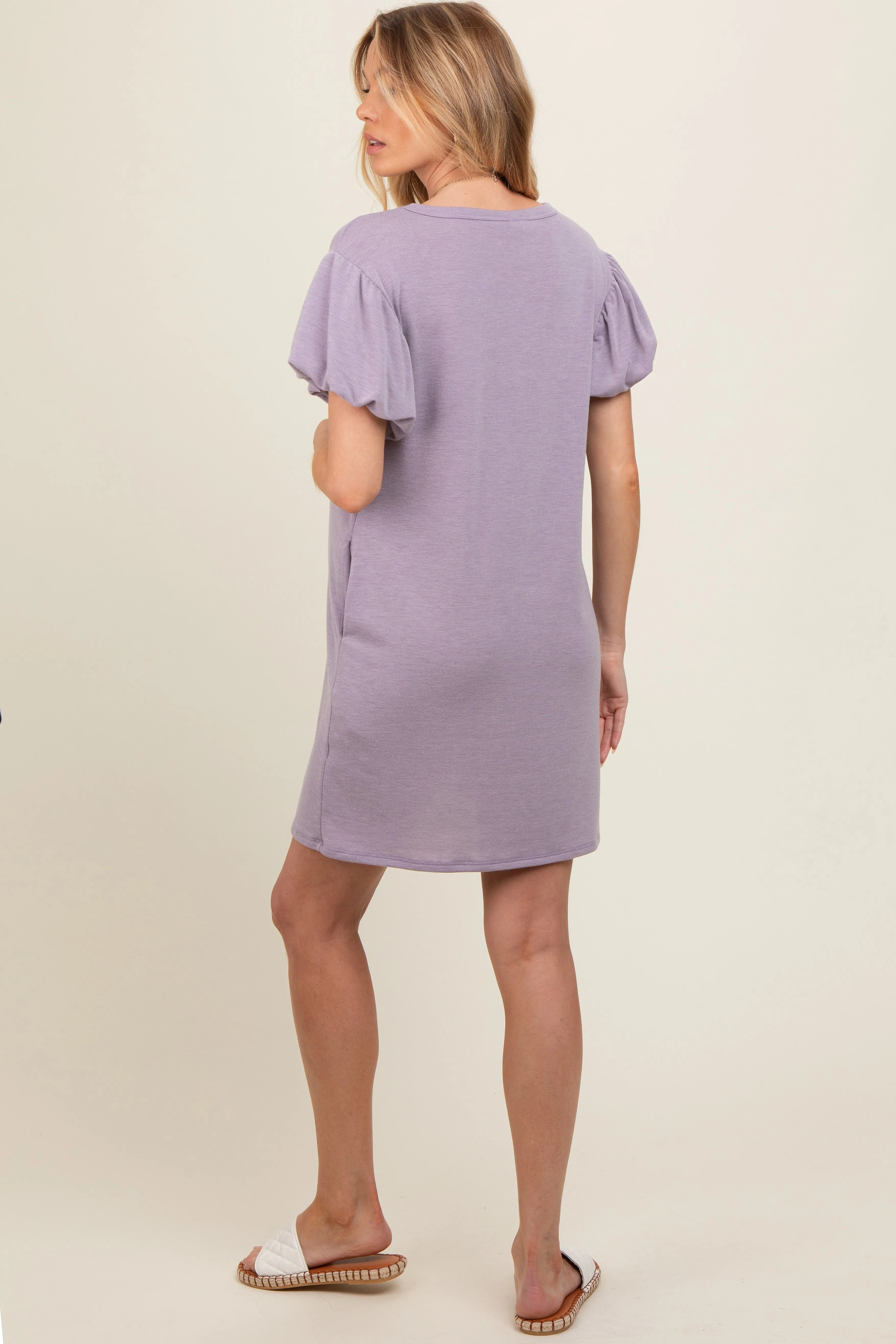 Lavender Gathered Puff Sleeve Terry Knit Maternity Dress sold by Pinkblush product image thumbnail 3
