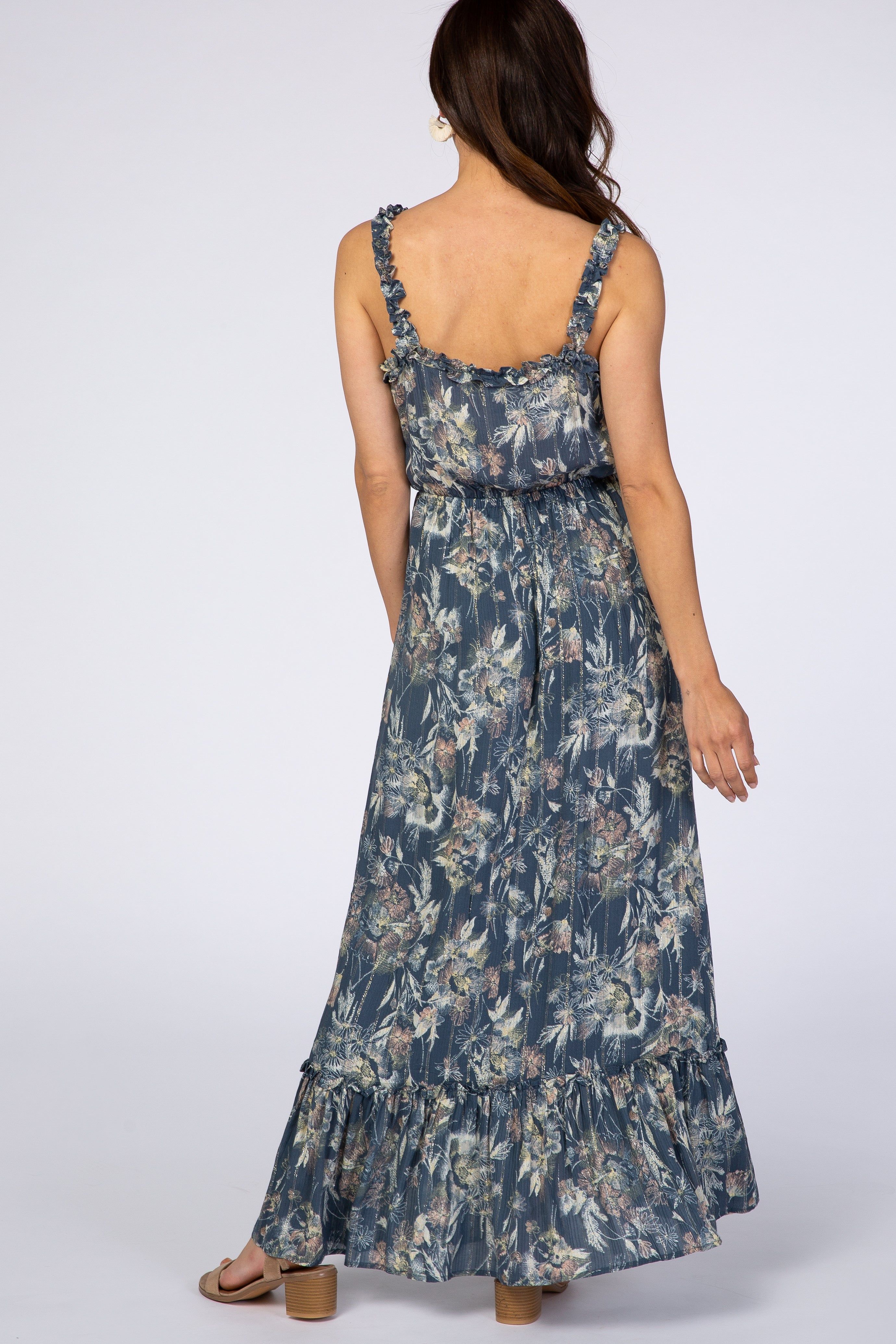 Blue Floral Shimmer Lace-Up Maxi Dress sold by Pinkblush product image thumbnail 3