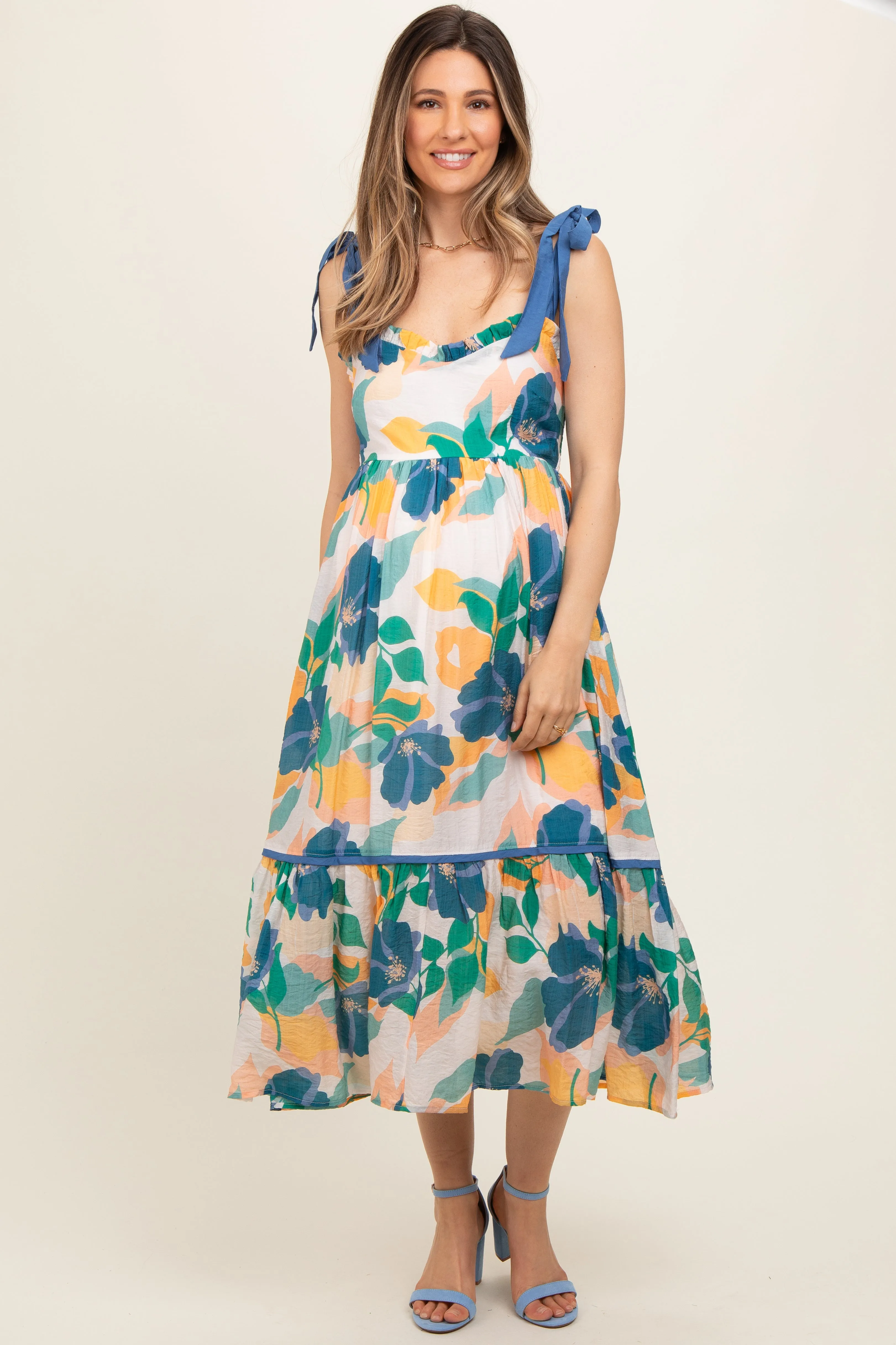 Blue Floral Shoulder Strap Maternity Midi Dress sold by Pinkblush product image thumbnail 2