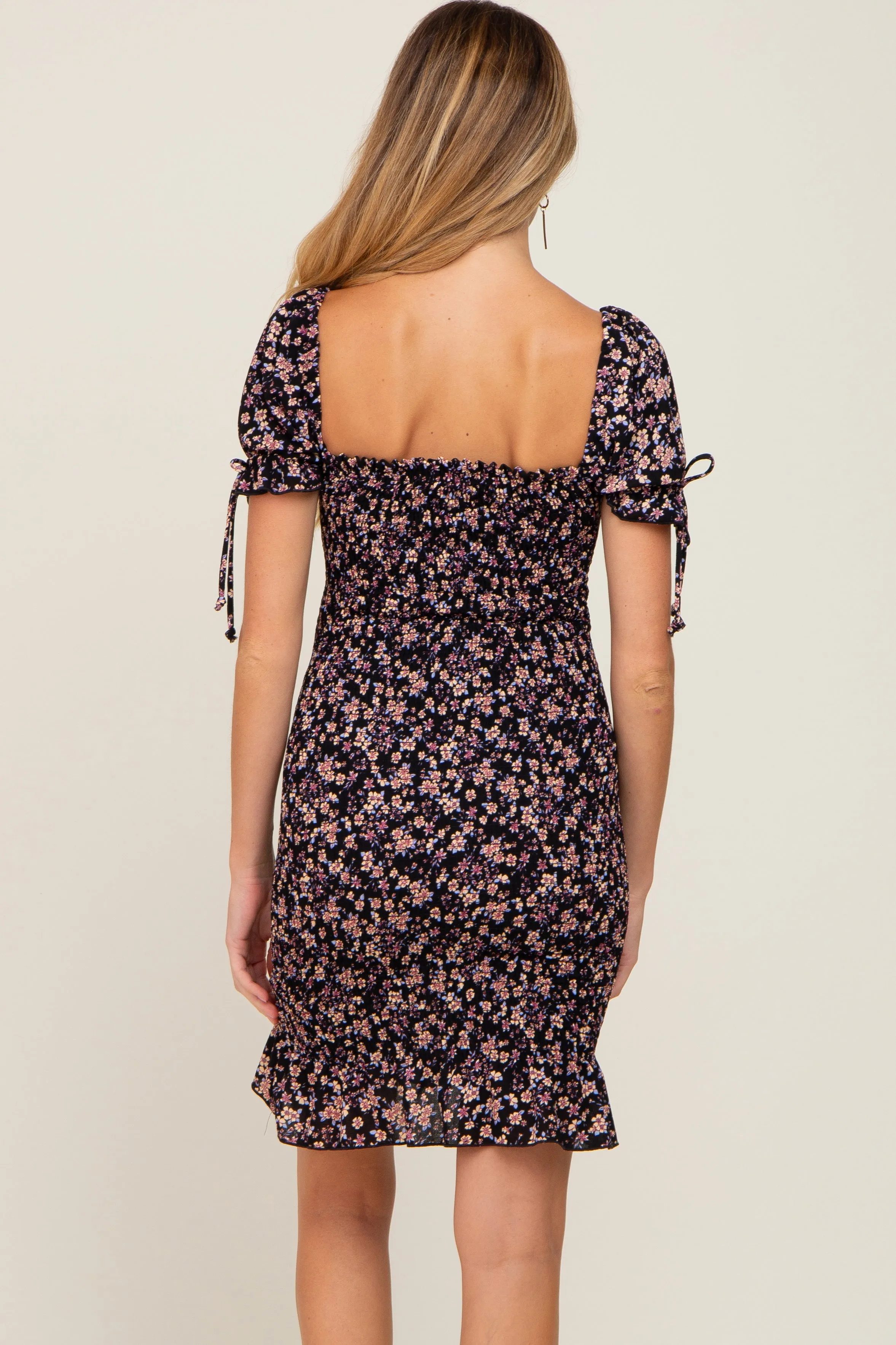 Black Floral Smocked Maternity Mini Dress sold by Pinkblush product image thumbnail 3