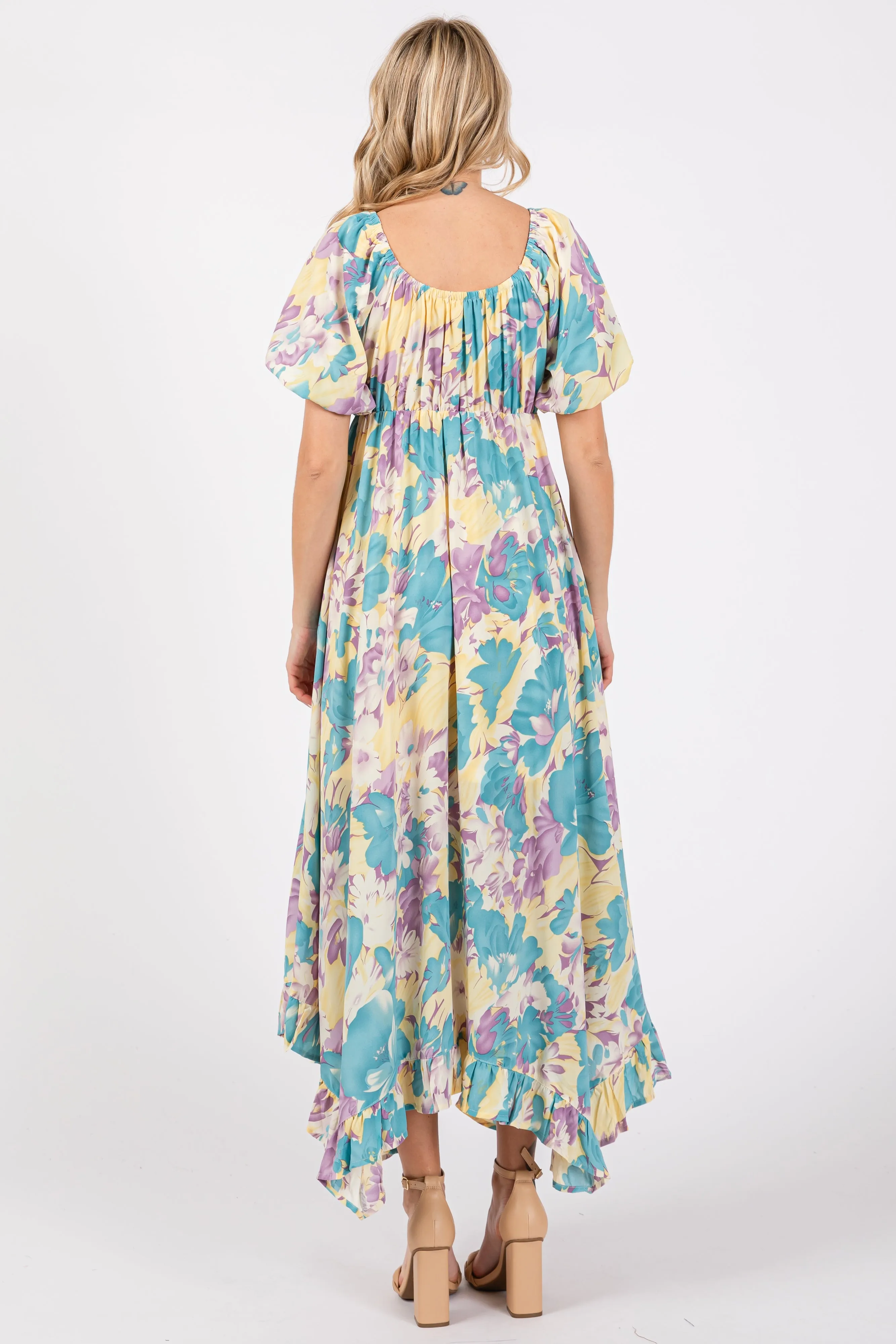 Teal Floral Puff Sleeve Handkerchief Hem Maxi Dress sold by Pinkblush product image thumbnail 3