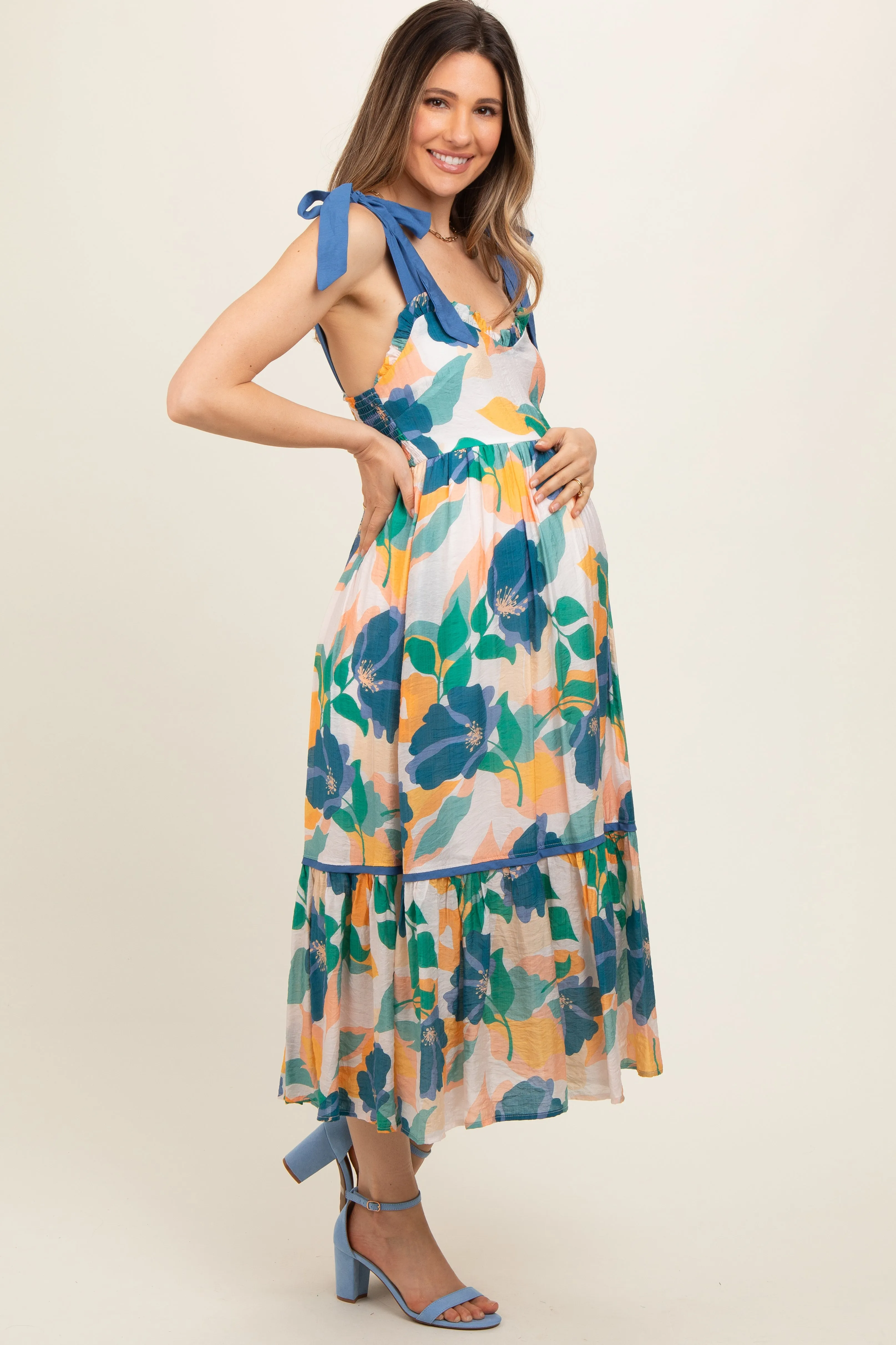 Blue Floral Shoulder Strap Maternity Midi Dress sold by Pinkblush product image thumbnail 3