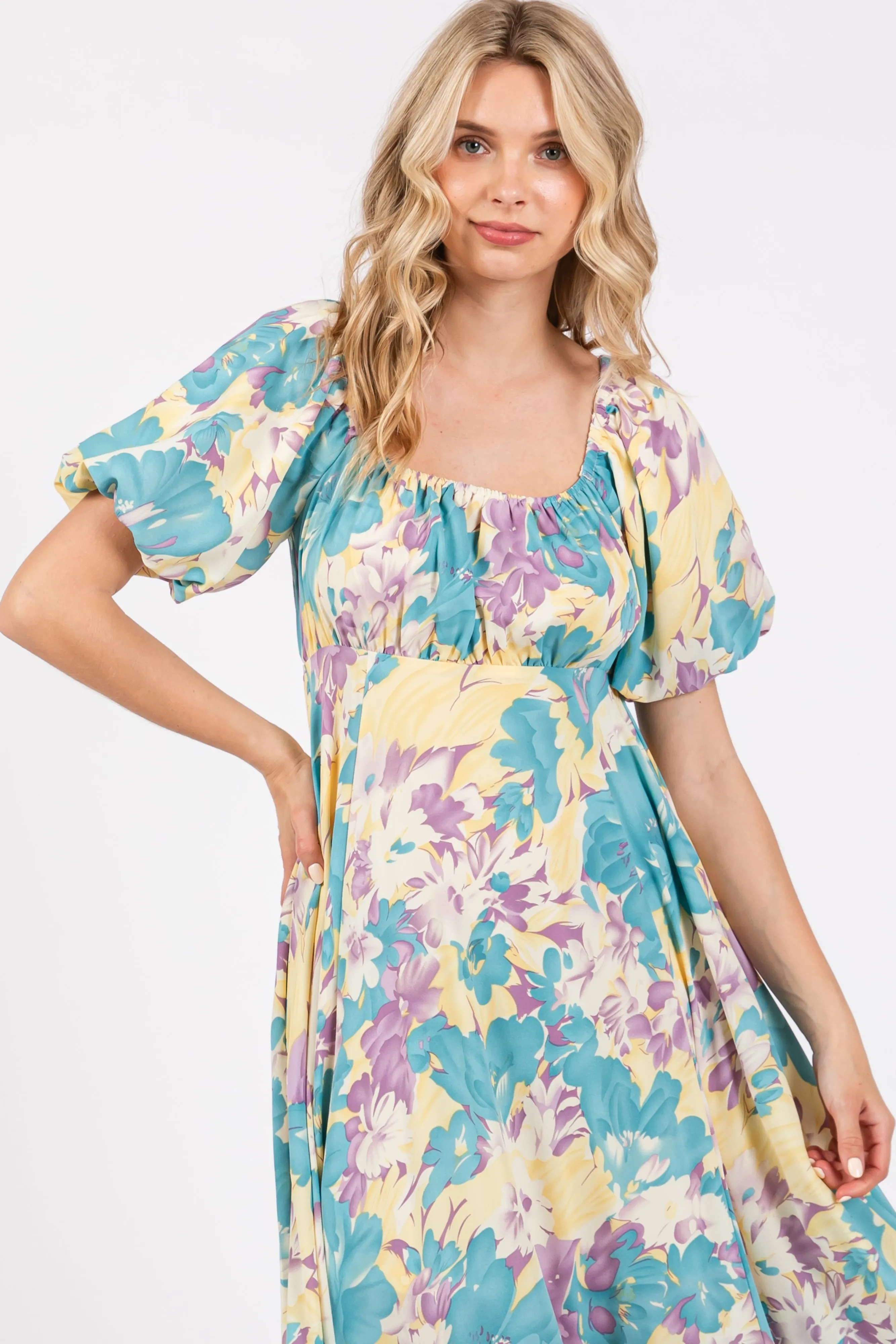 Teal Floral Puff Sleeve Handkerchief Hem Maxi Dress sold by Pinkblush product image thumbnail 4