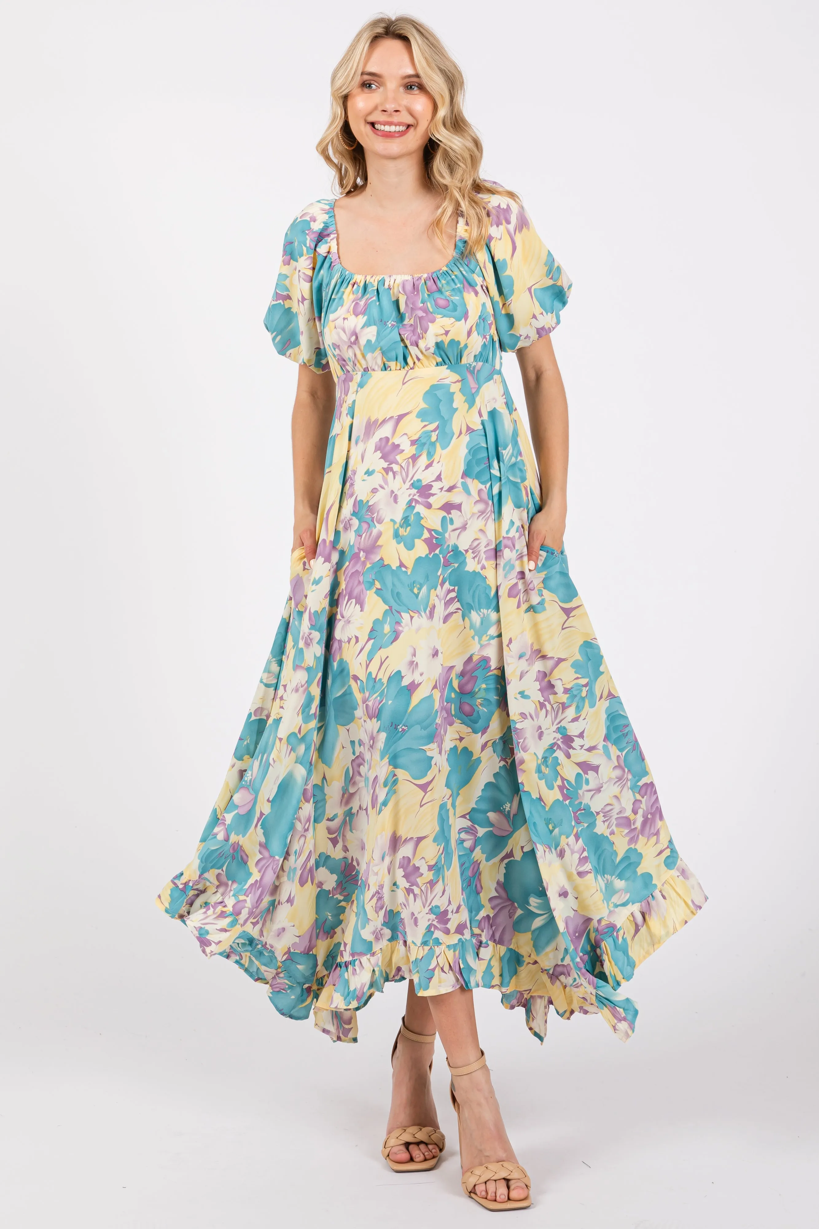 Teal Floral Puff Sleeve Handkerchief Hem Maxi Dress sold by Pinkblush product image thumbnail 2