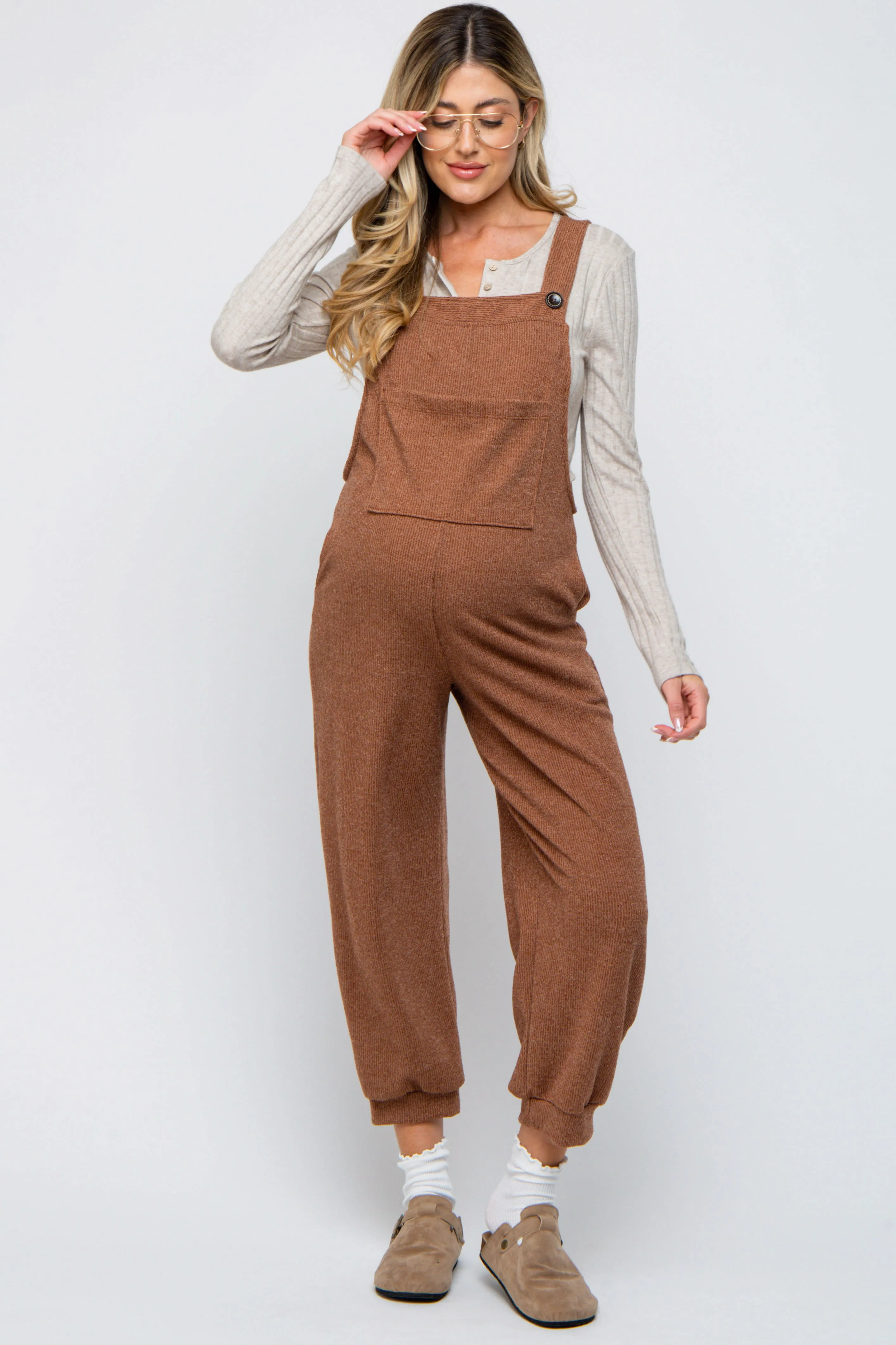 Mocha Front Pocket Knit Maternity Overalls sold by Pinkblush product image thumbnail 4