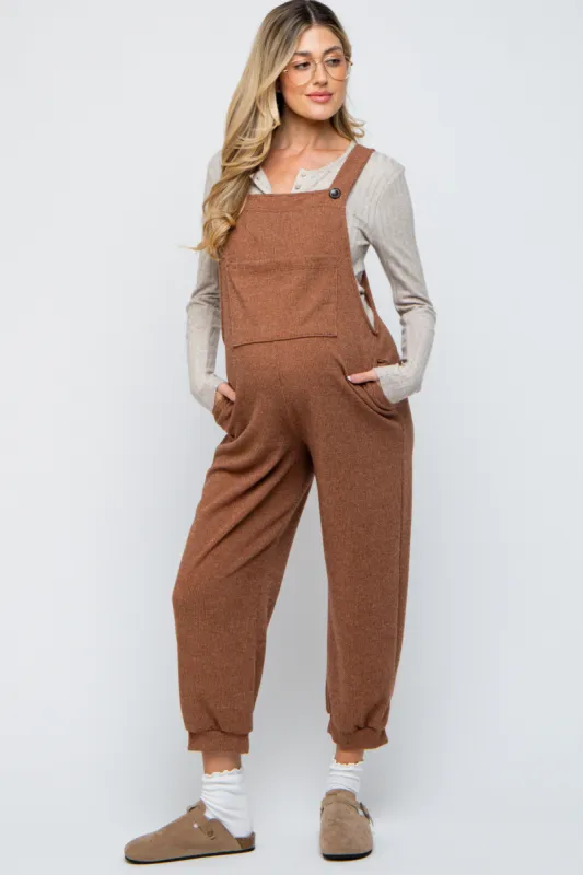 Mocha Front Pocket Knit Maternity Overalls sold by Pinkblush