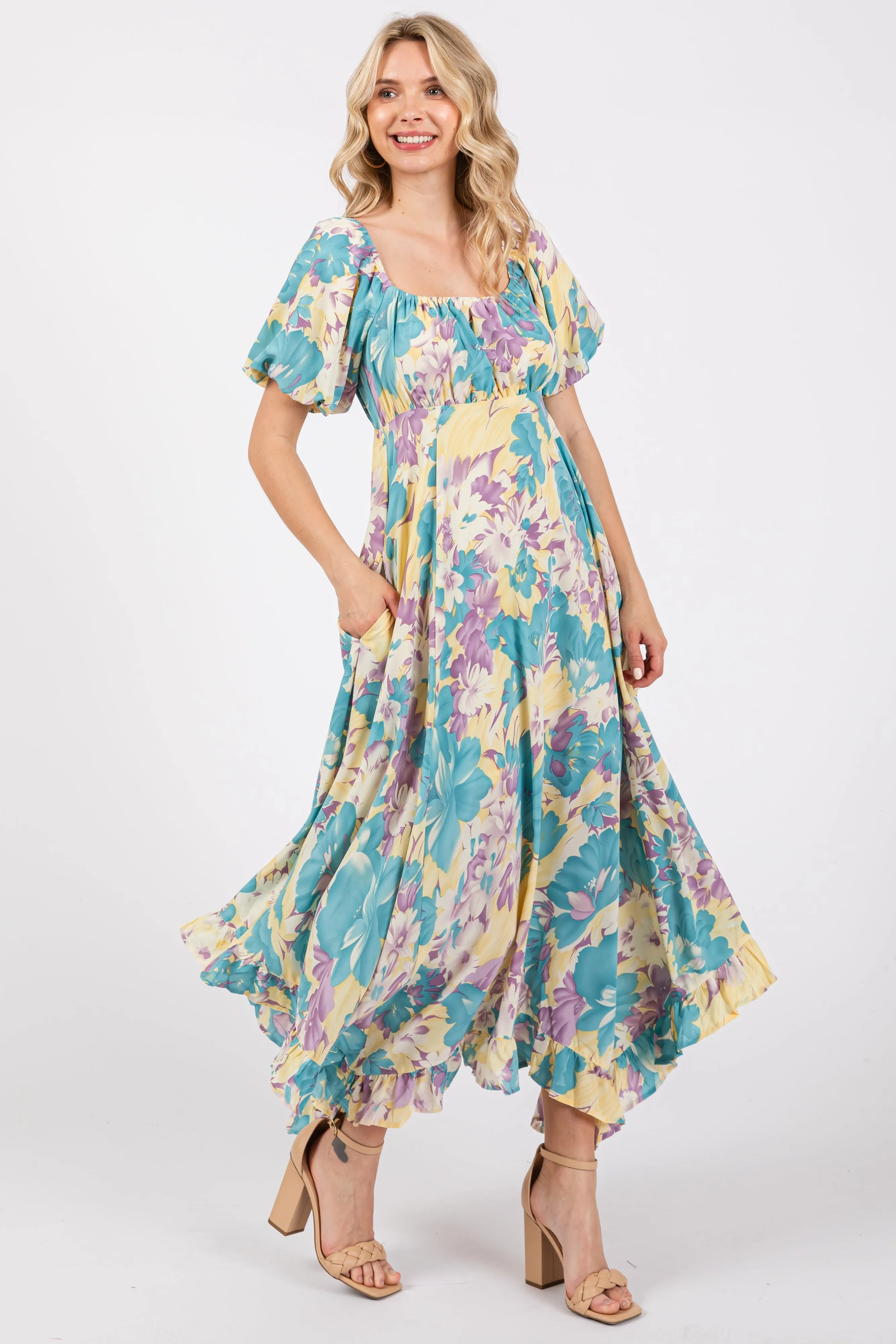 Teal Floral Puff Sleeve Handkerchief Hem Maxi Dress sold by Pinkblush