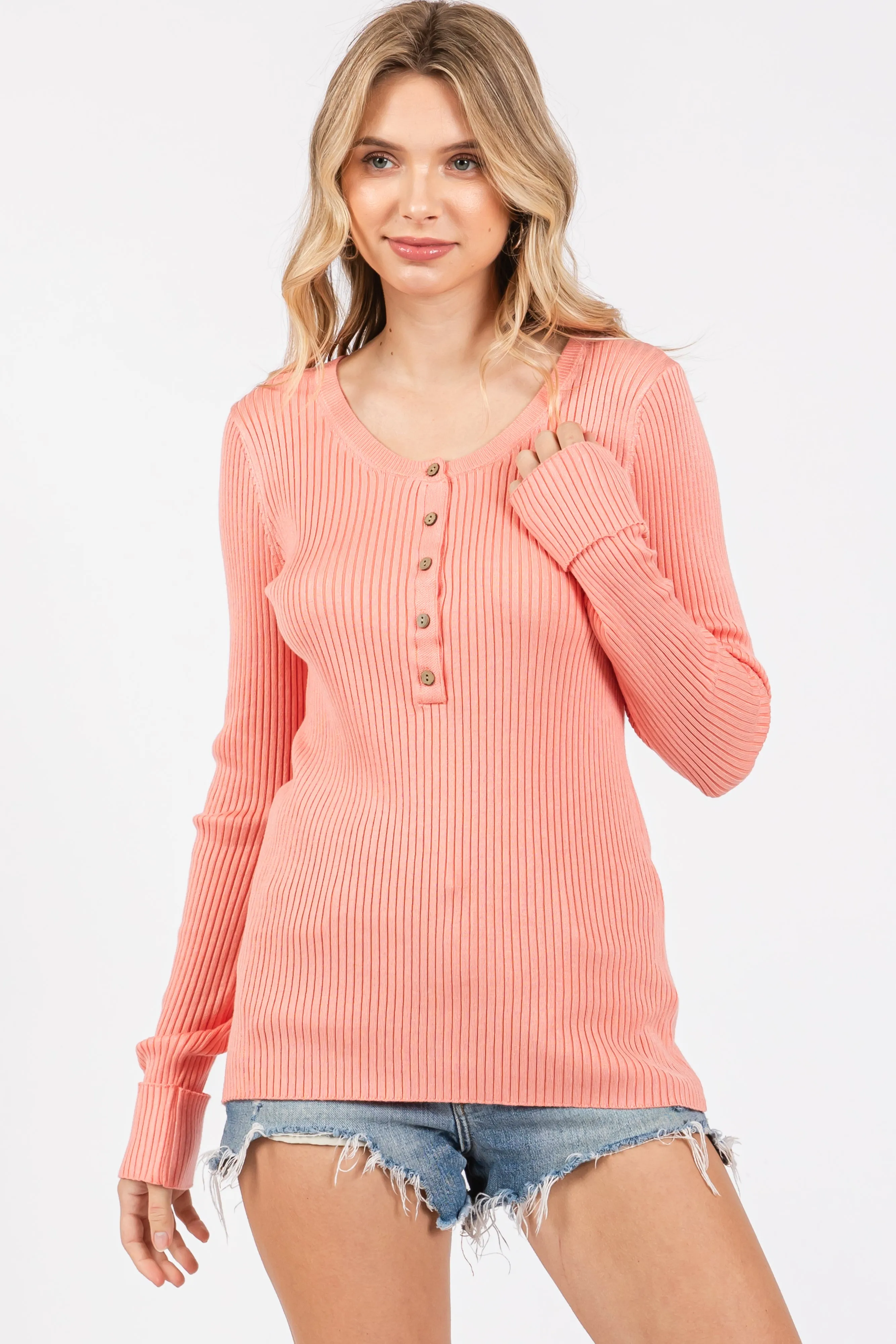 Salmon Ribbed Henley Top sold by Pinkblush
