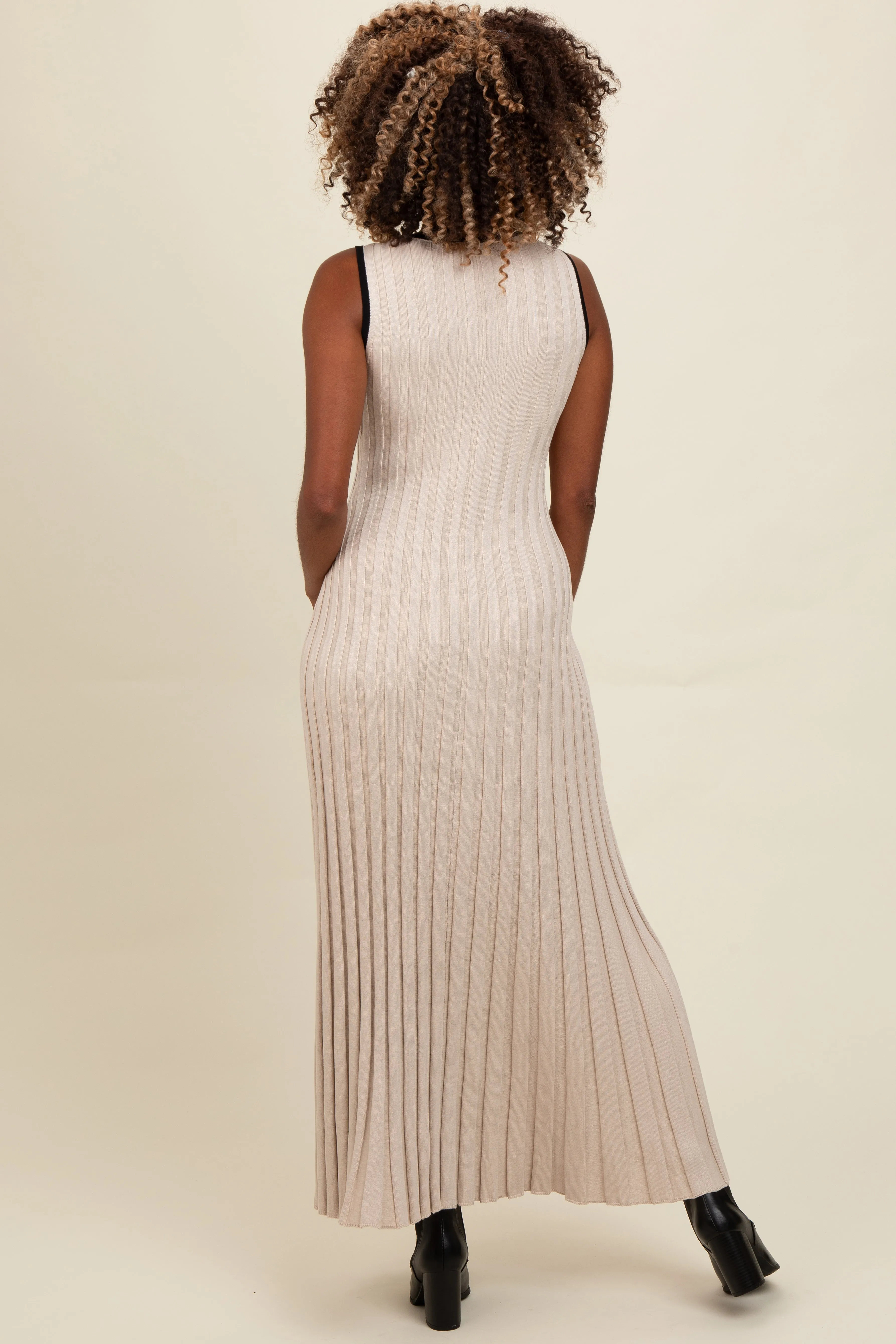 Beige Ribbed Knit Button Detail Sleeveless Maxi Dress sold by Pinkblush product image thumbnail 4