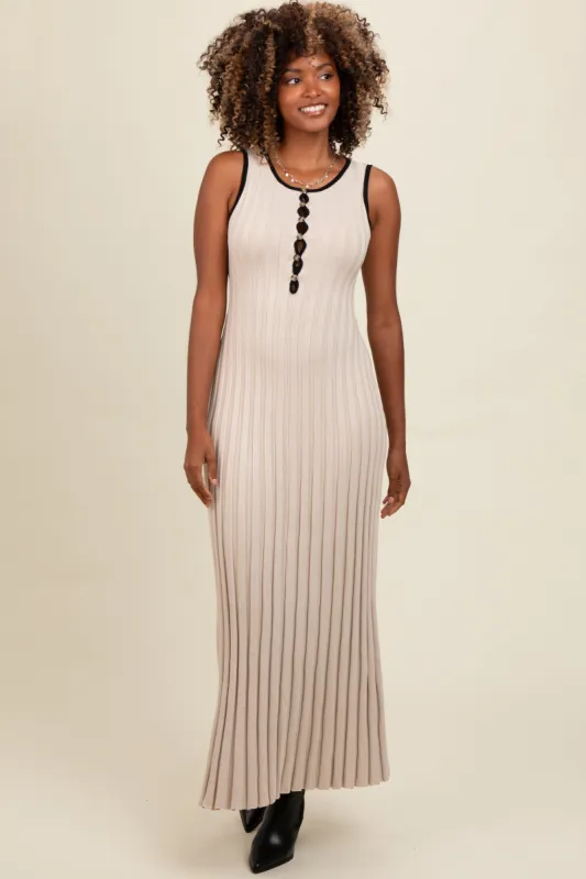 Beige Ribbed Knit Button Detail Sleeveless Maxi Dress sold by Pinkblush
