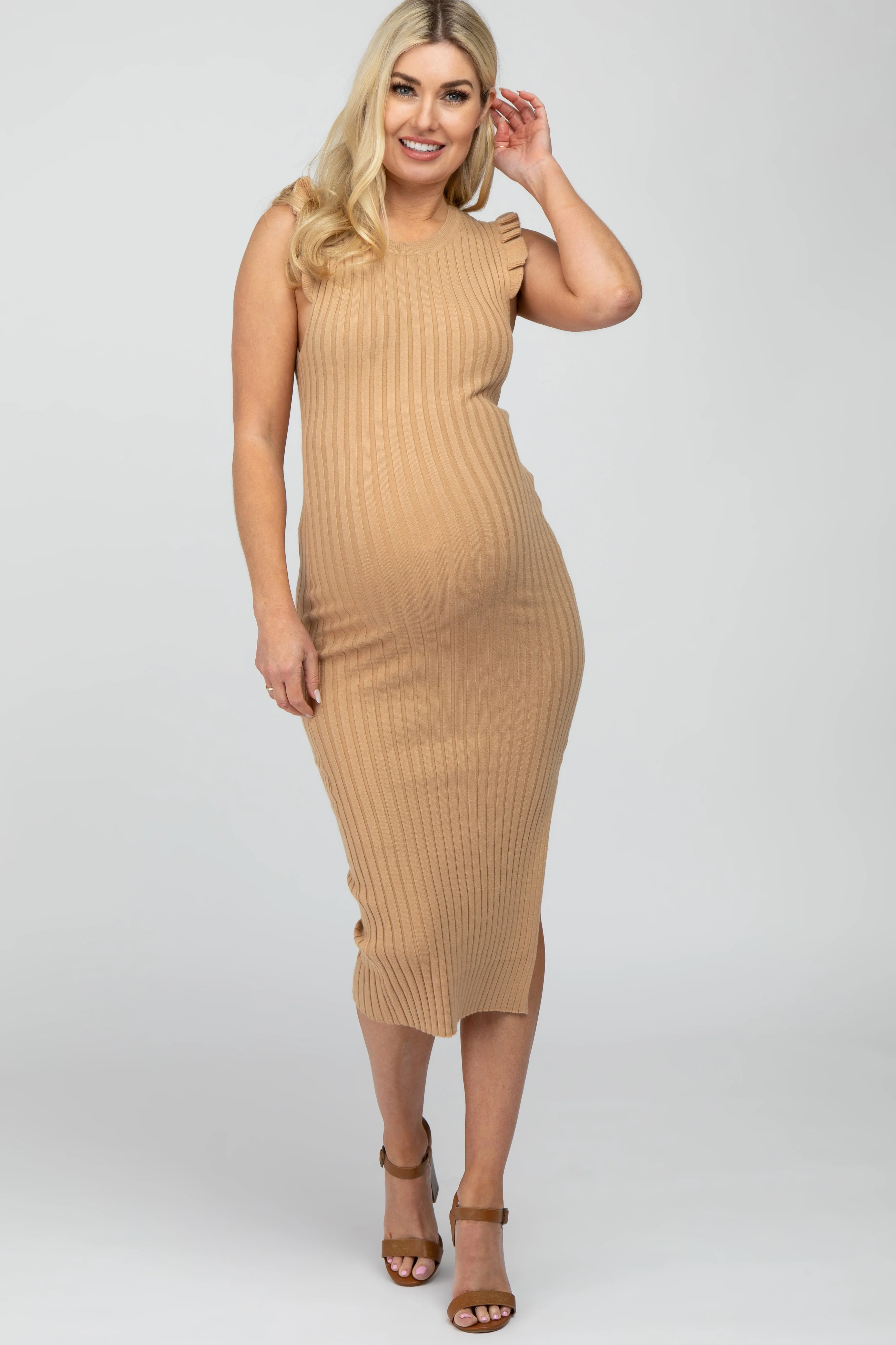 Camel Ribbed Flutter Accent Maternity Midi Dress sold by Pinkblush