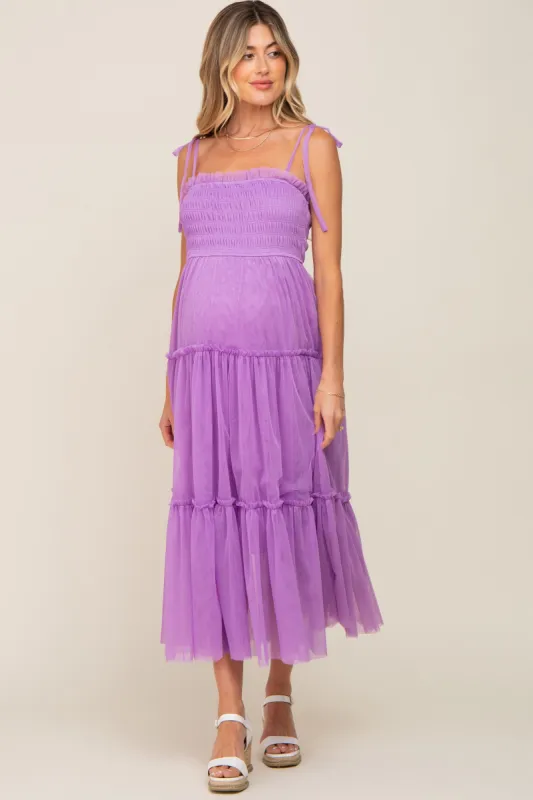 Lavender Smocked Mesh Maternity Midi Dress sold by Pinkblush