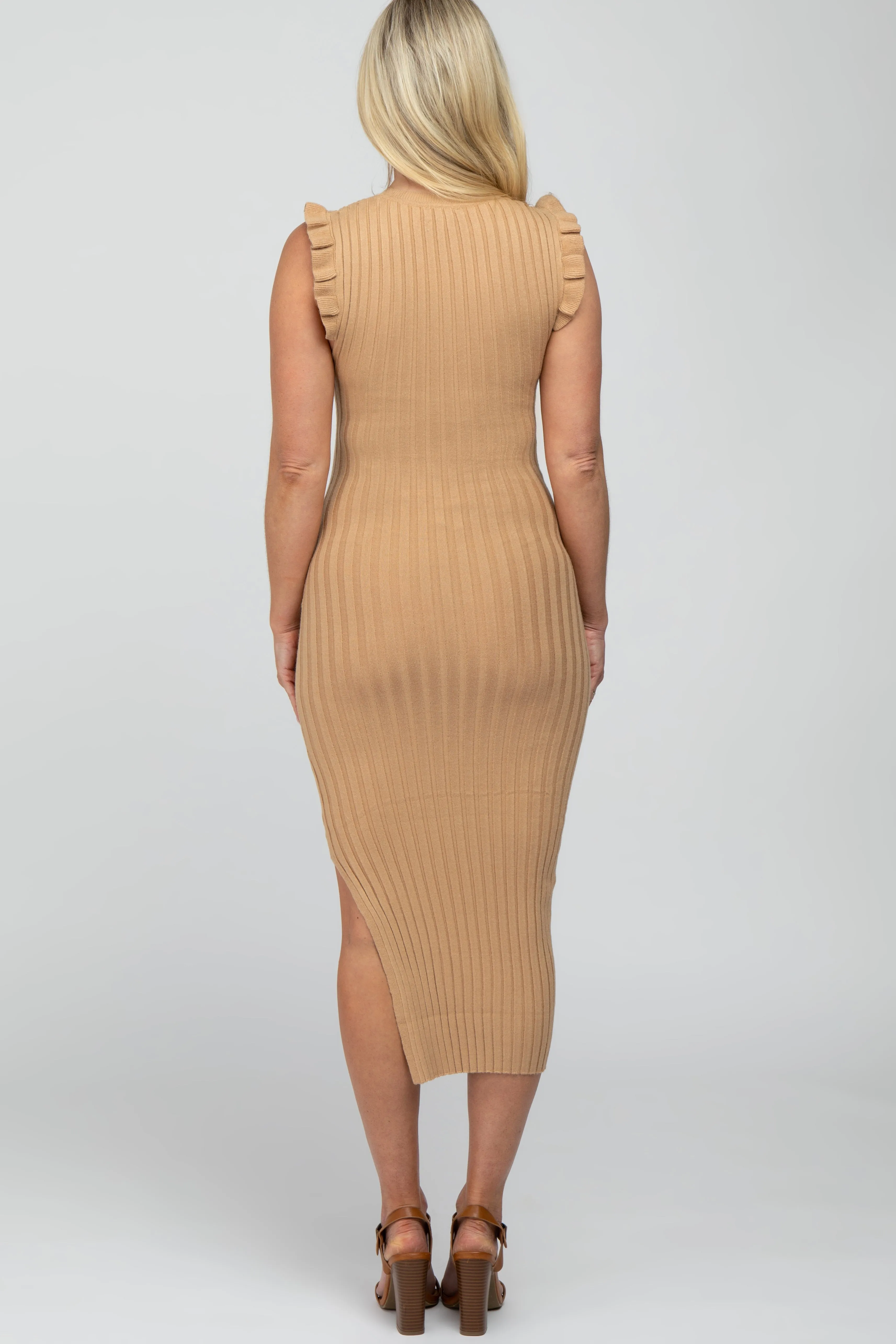 Camel Ribbed Flutter Accent Maternity Midi Dress sold by Pinkblush product image thumbnail 3