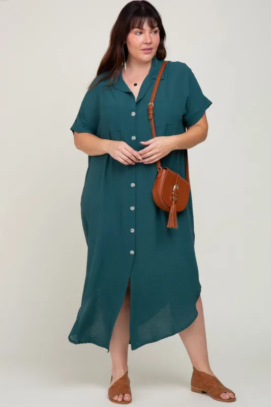 Forest Green Button Down Hi Low Plus Maxi Dress sold by Pinkblush