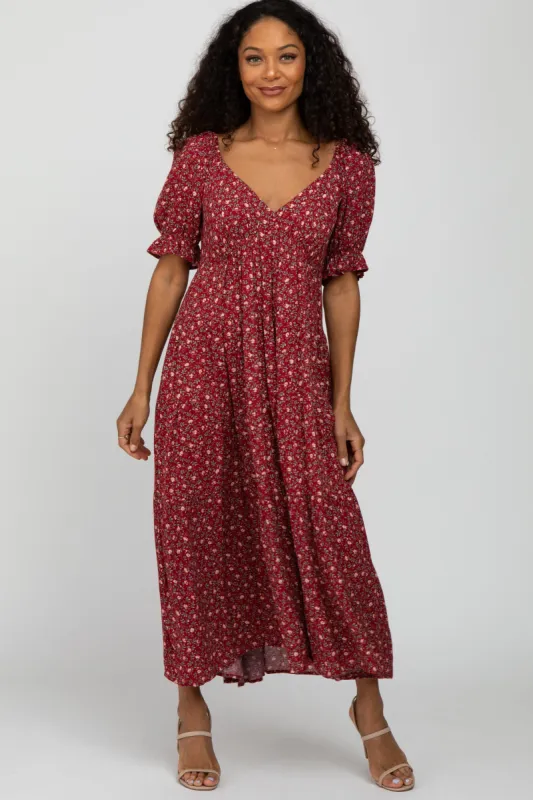 Red Floral V-Neck Ruffle Sleeve Midi Dress sold by Pinkblush