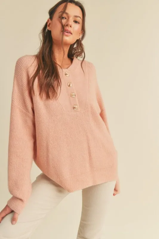 Mauve Oversize Henley Ribbed Sweater sold by Pinkblush