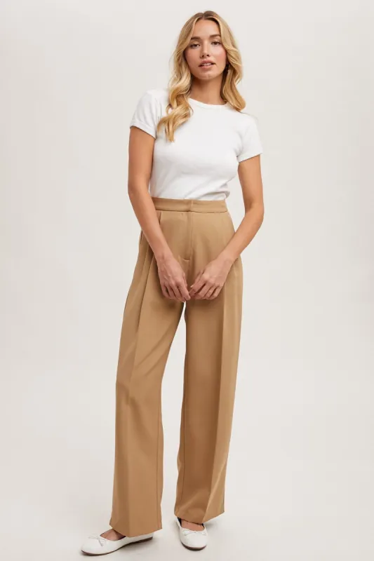 Taupe Pleated Wide Trouser Pants sold by Pinkblush