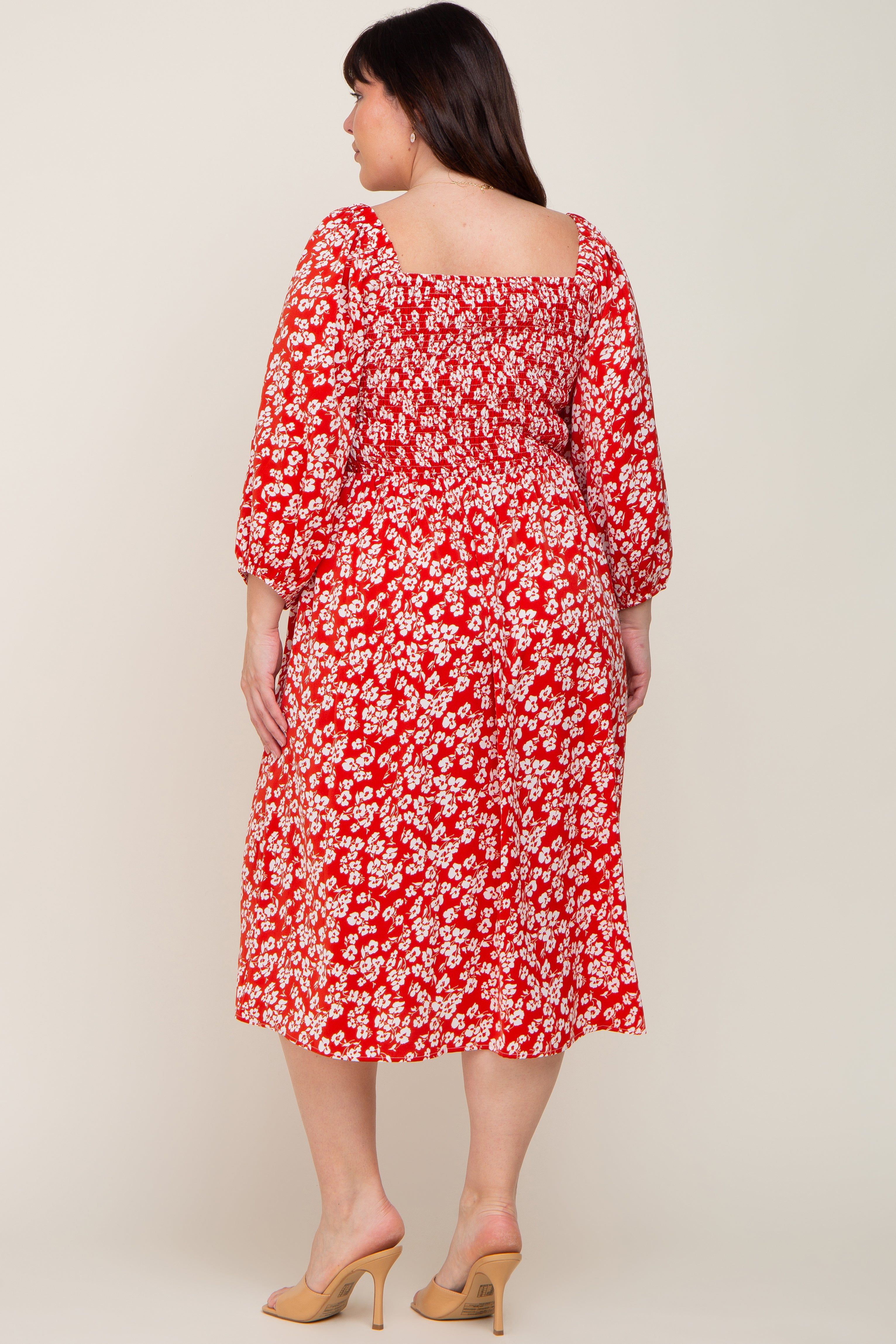 Red Floral Square Neck Smocked Short Sleeve Plus Midi Dress sold by Pinkblush product image thumbnail 3