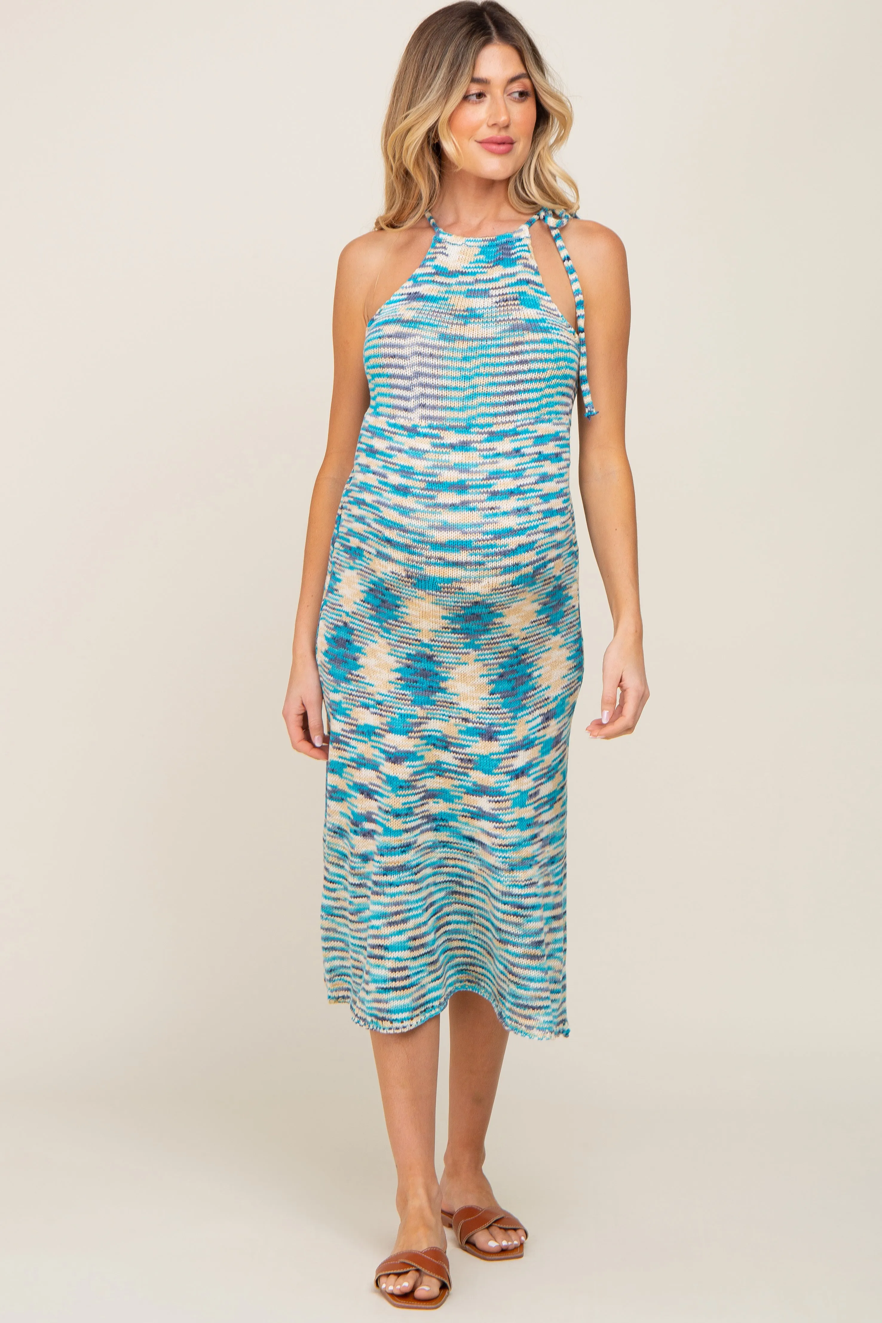 Blue Multicolor Open Knit Halter Maternity Midi Dress sold by Pinkblush product image thumbnail 4
