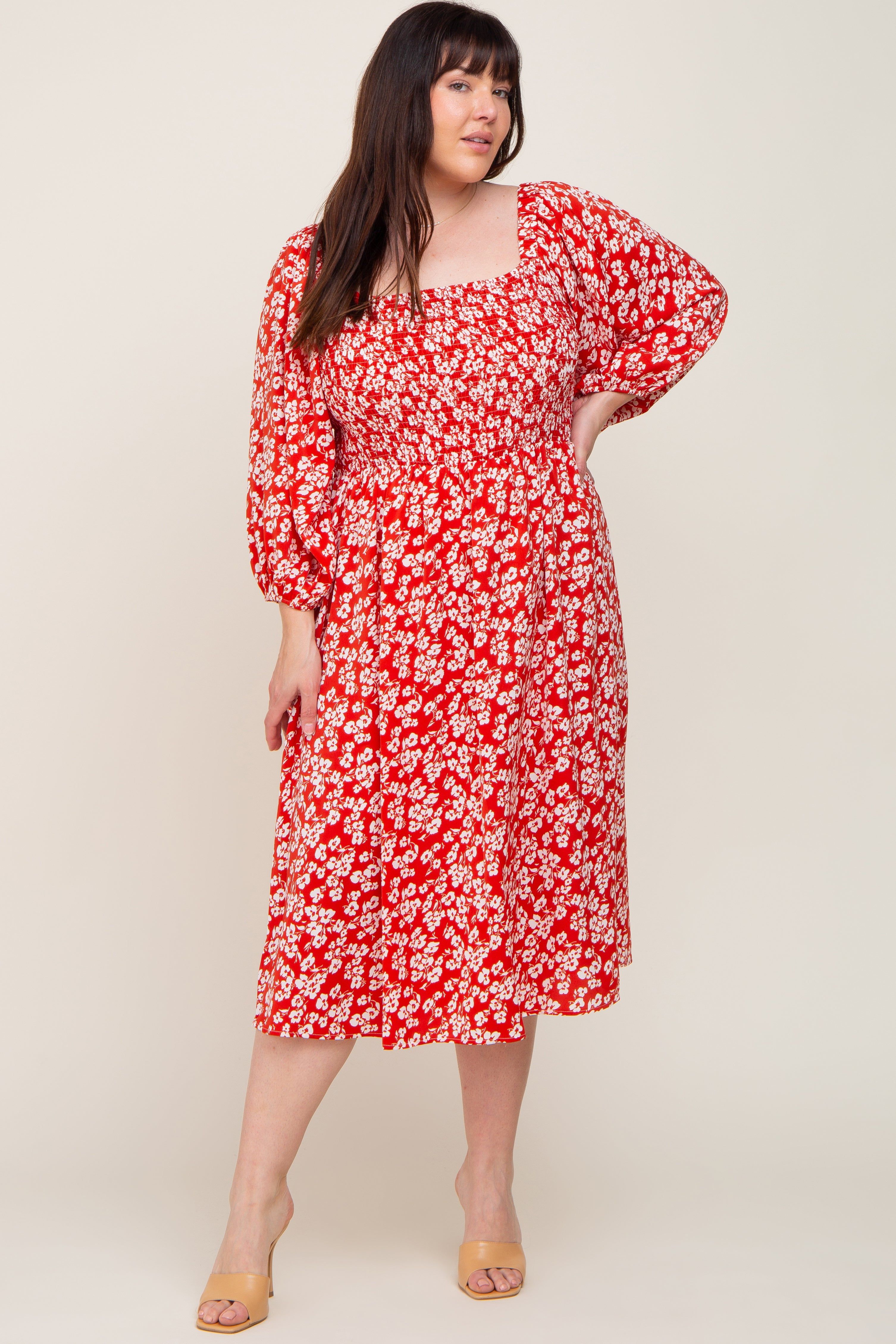 Red Floral Square Neck Smocked Short Sleeve Plus Midi Dress sold by Pinkblush product image thumbnail 4