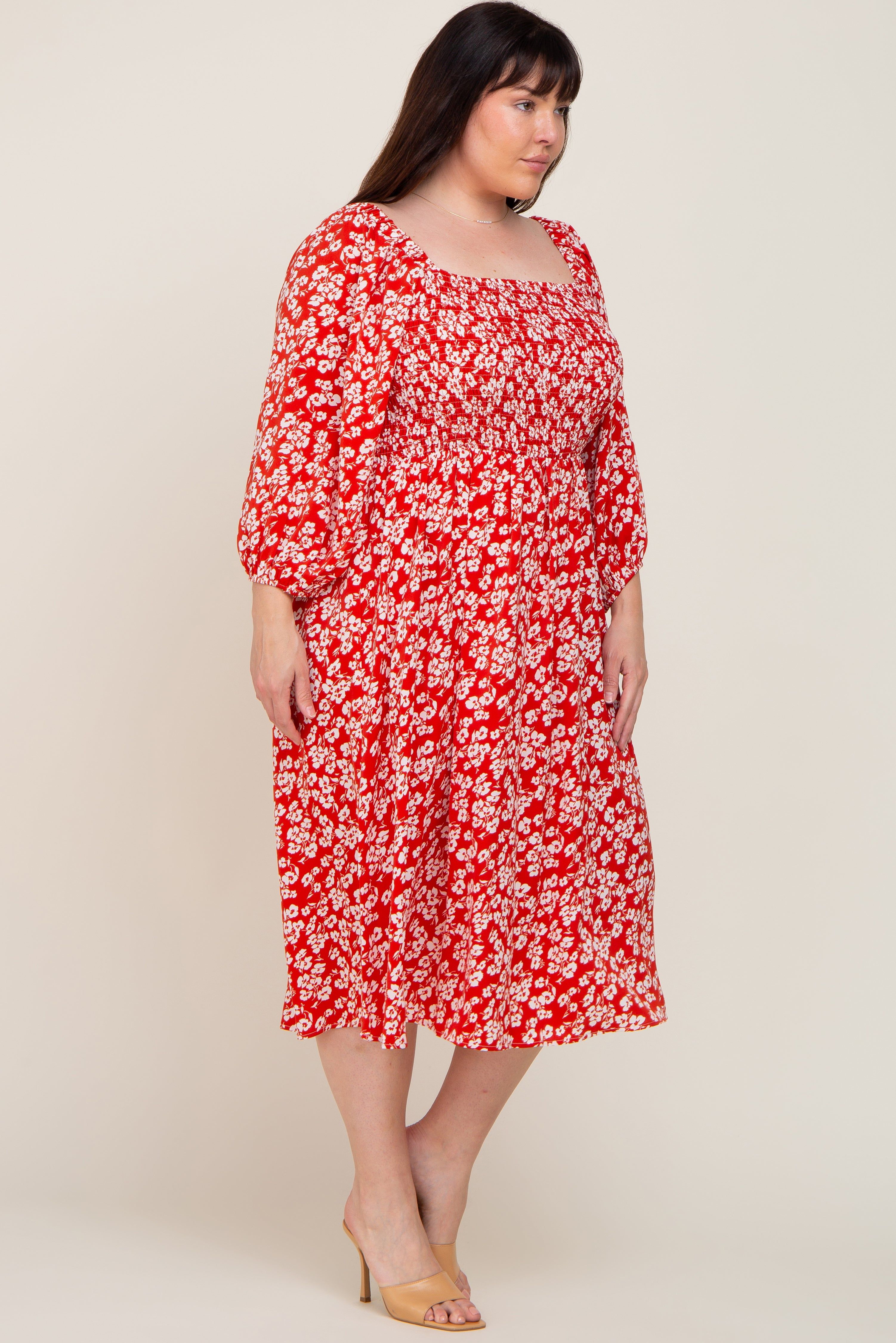 Red Floral Square Neck Smocked Short Sleeve Plus Midi Dress sold by Pinkblush product image thumbnail 2