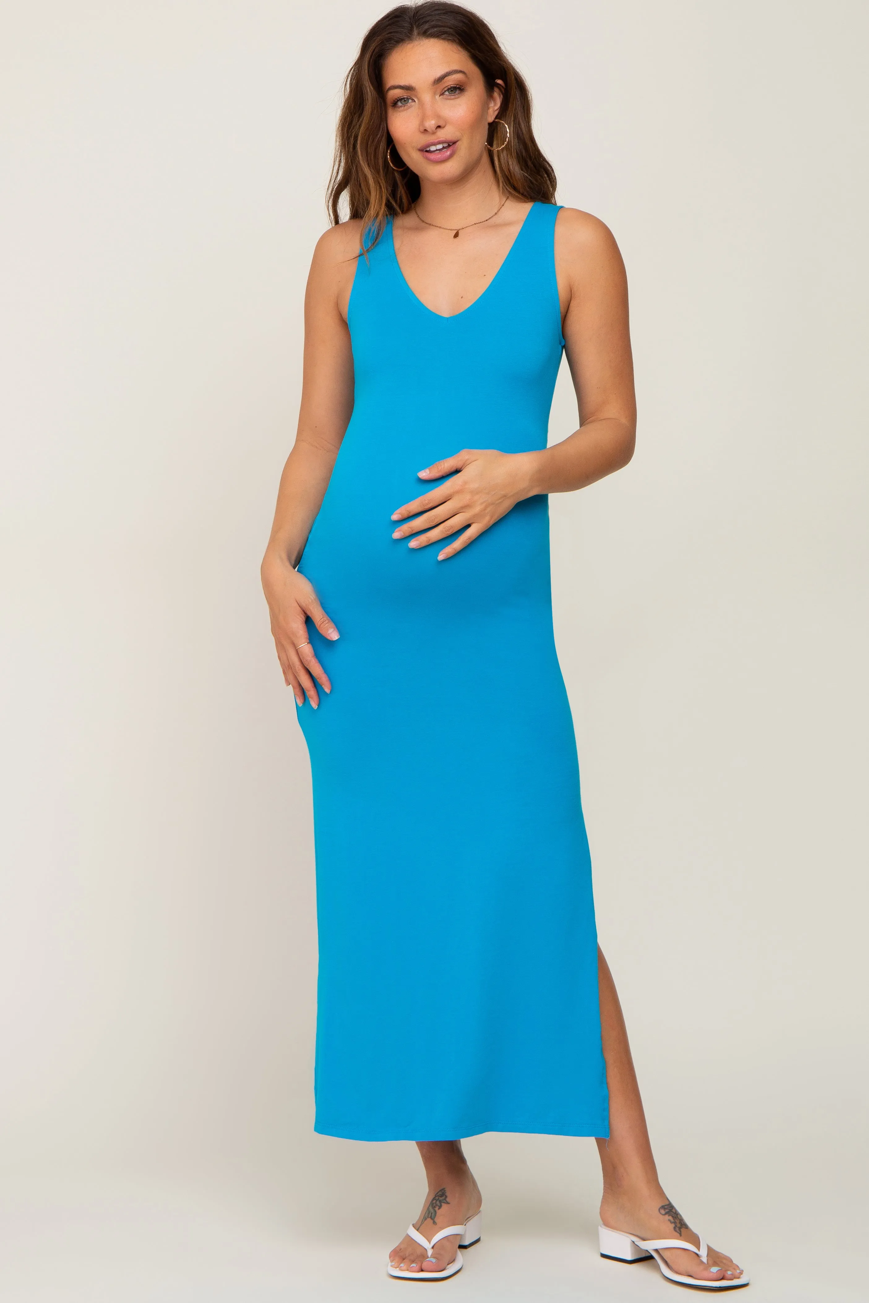 Aqua V-Neck Side Slit Maternity Midi Dress sold by Pinkblush product image thumbnail 4