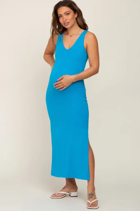 Aqua V-Neck Side Slit Maternity Midi Dress sold by Pinkblush