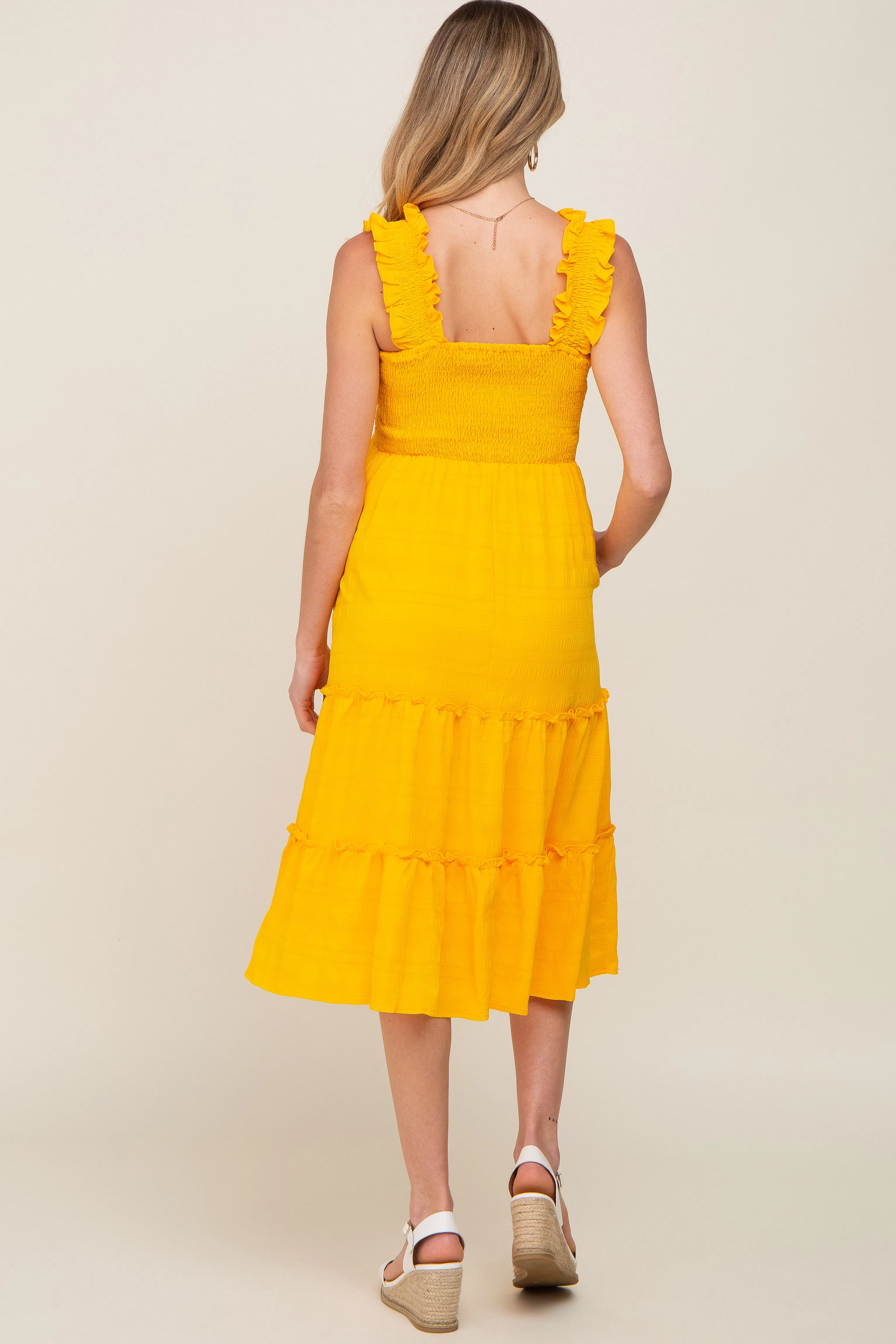 Yellow Smocked Square Neck Ruffle Strap Tiered Maternity Midi Dress sold by Pinkblush product image thumbnail 3
