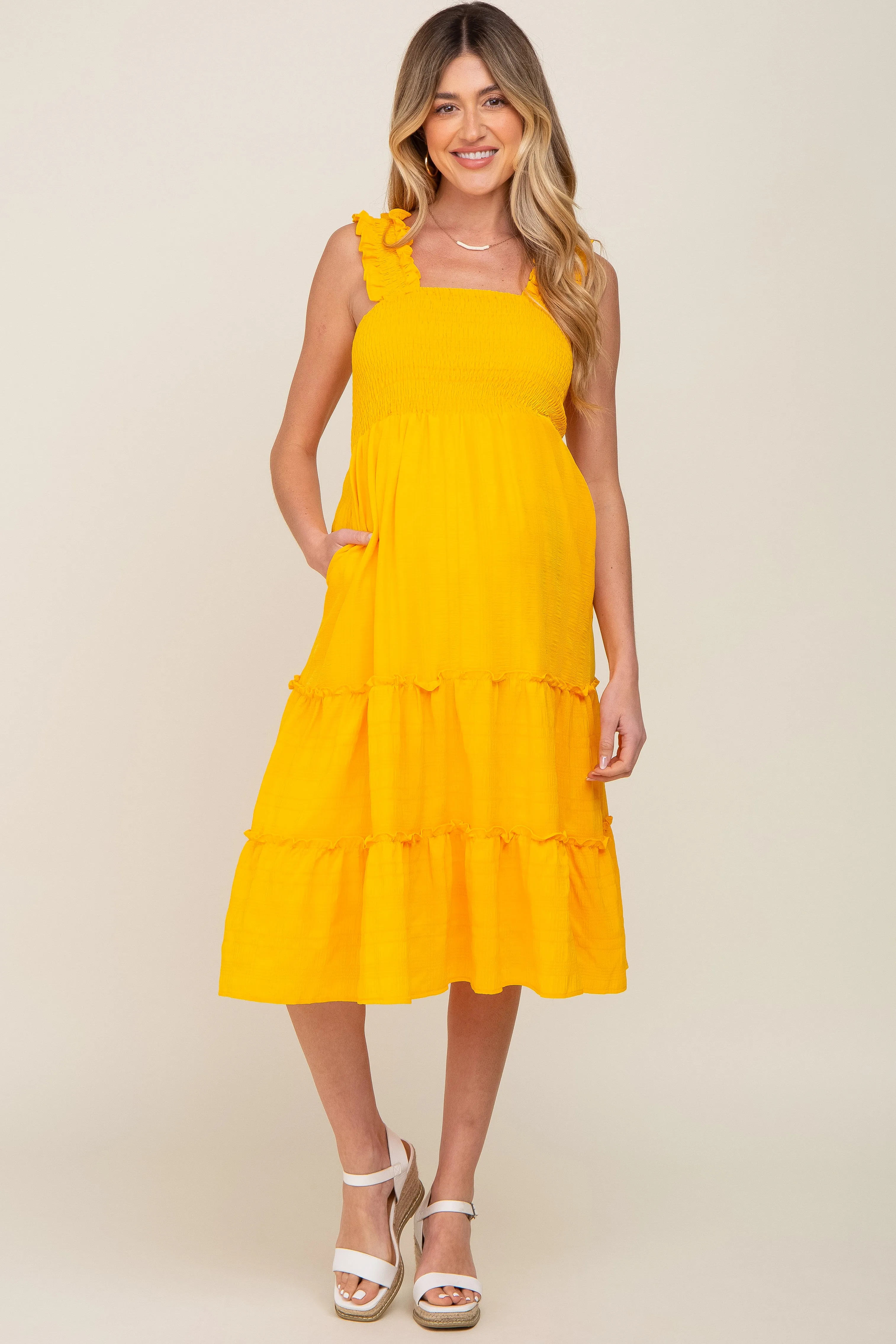Yellow Smocked Square Neck Ruffle Strap Tiered Maternity Midi Dress sold by Pinkblush product image thumbnail 4
