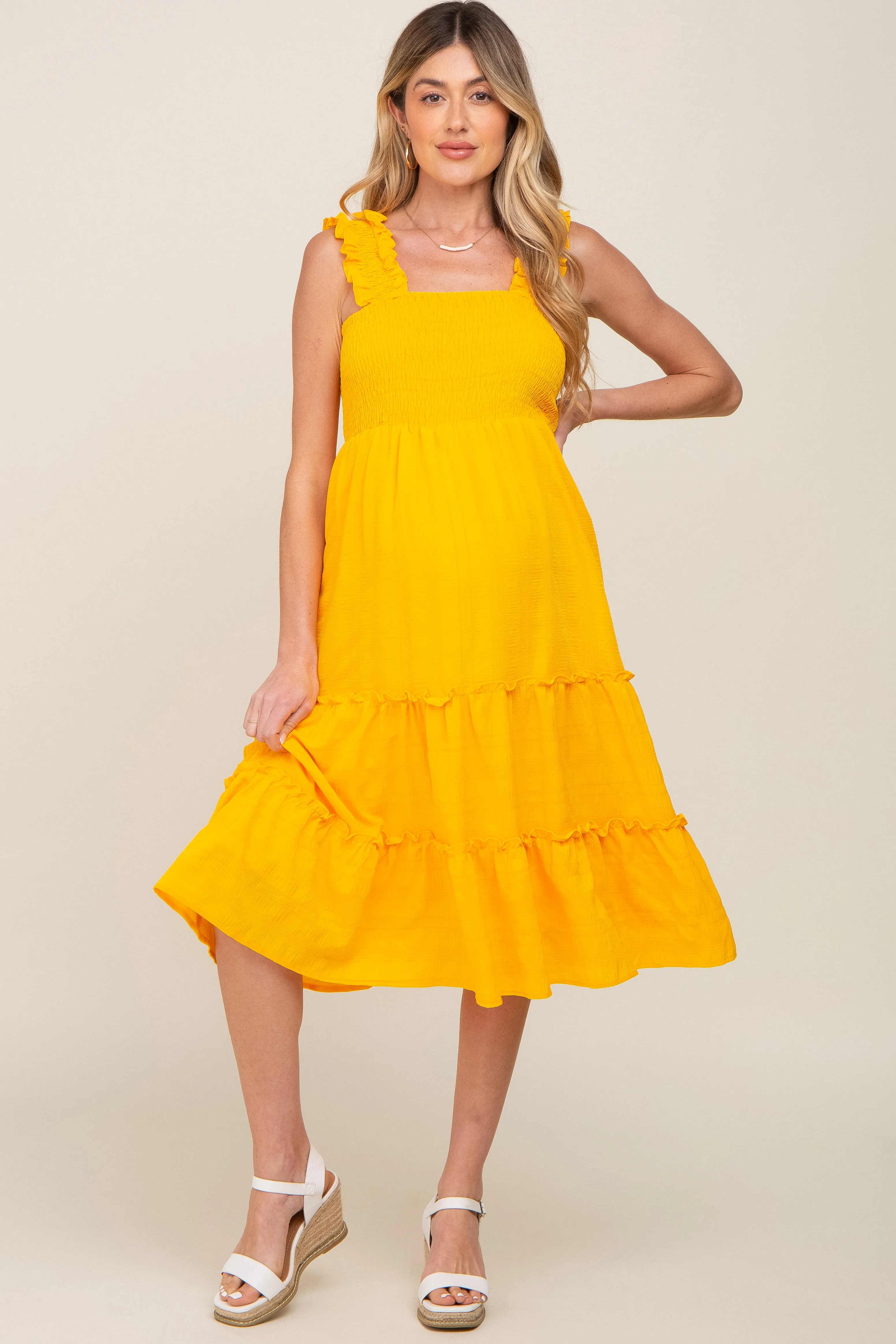 Yellow Smocked Square Neck Ruffle Strap Tiered Maternity Midi Dress sold by Pinkblush