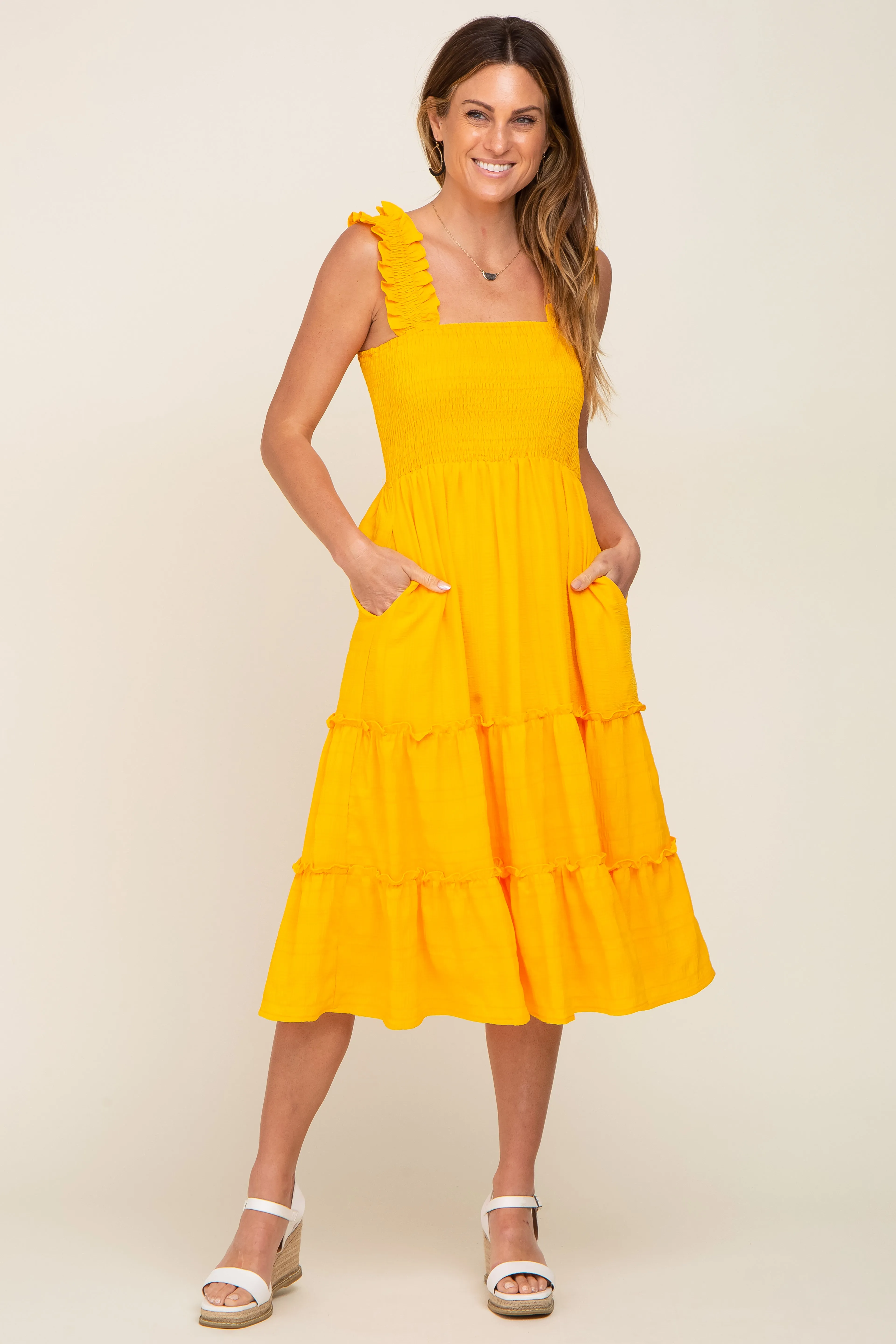 Yellow Smocked Square Neck Ruffle Strap Tiered Maternity Midi Dress sold by Pinkblush product image thumbnail 5