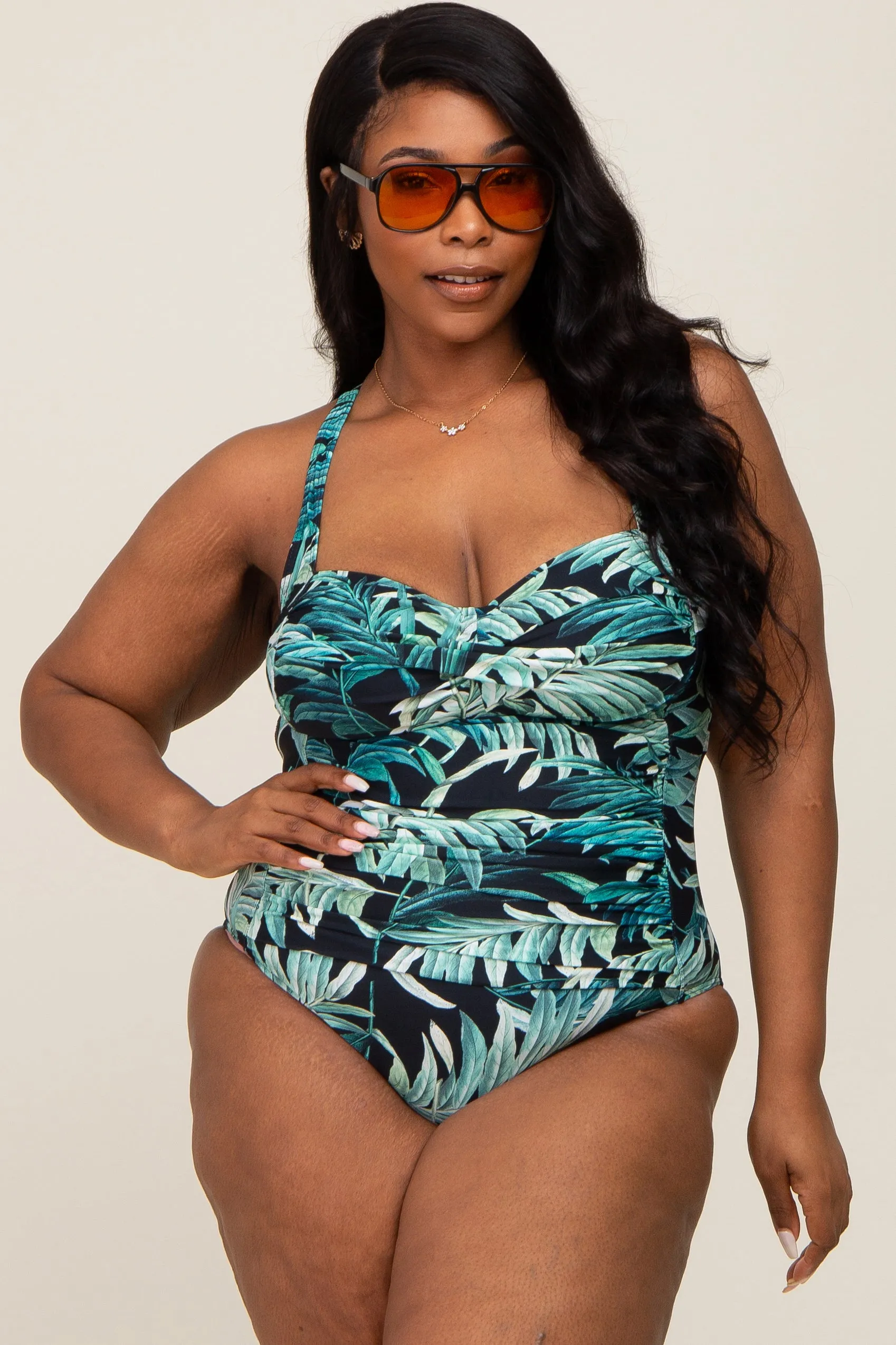 Black Palm Print Plus One Piece Swimsuit sold by Pinkblush