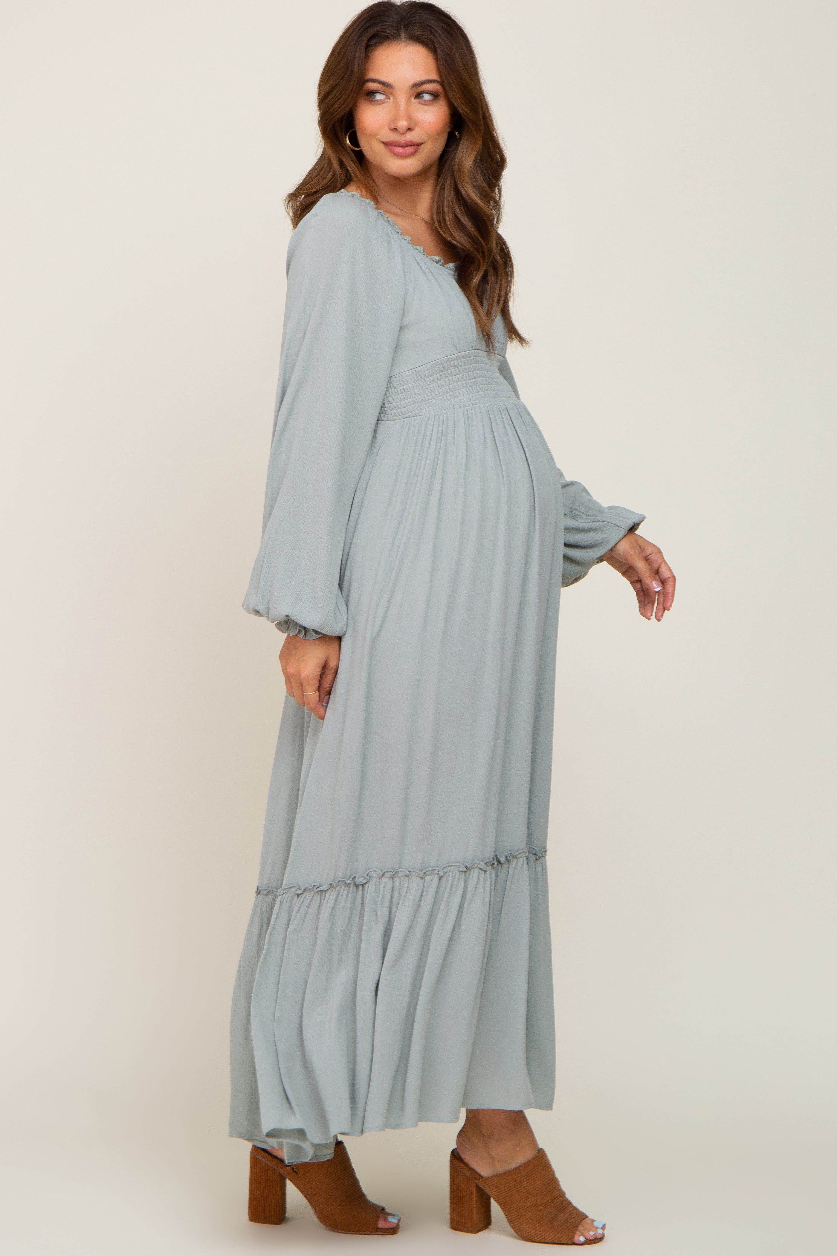 Light Blue Lace Trim Smocked Waist Maternity Maxi Dress sold by Pinkblush product image thumbnail 2