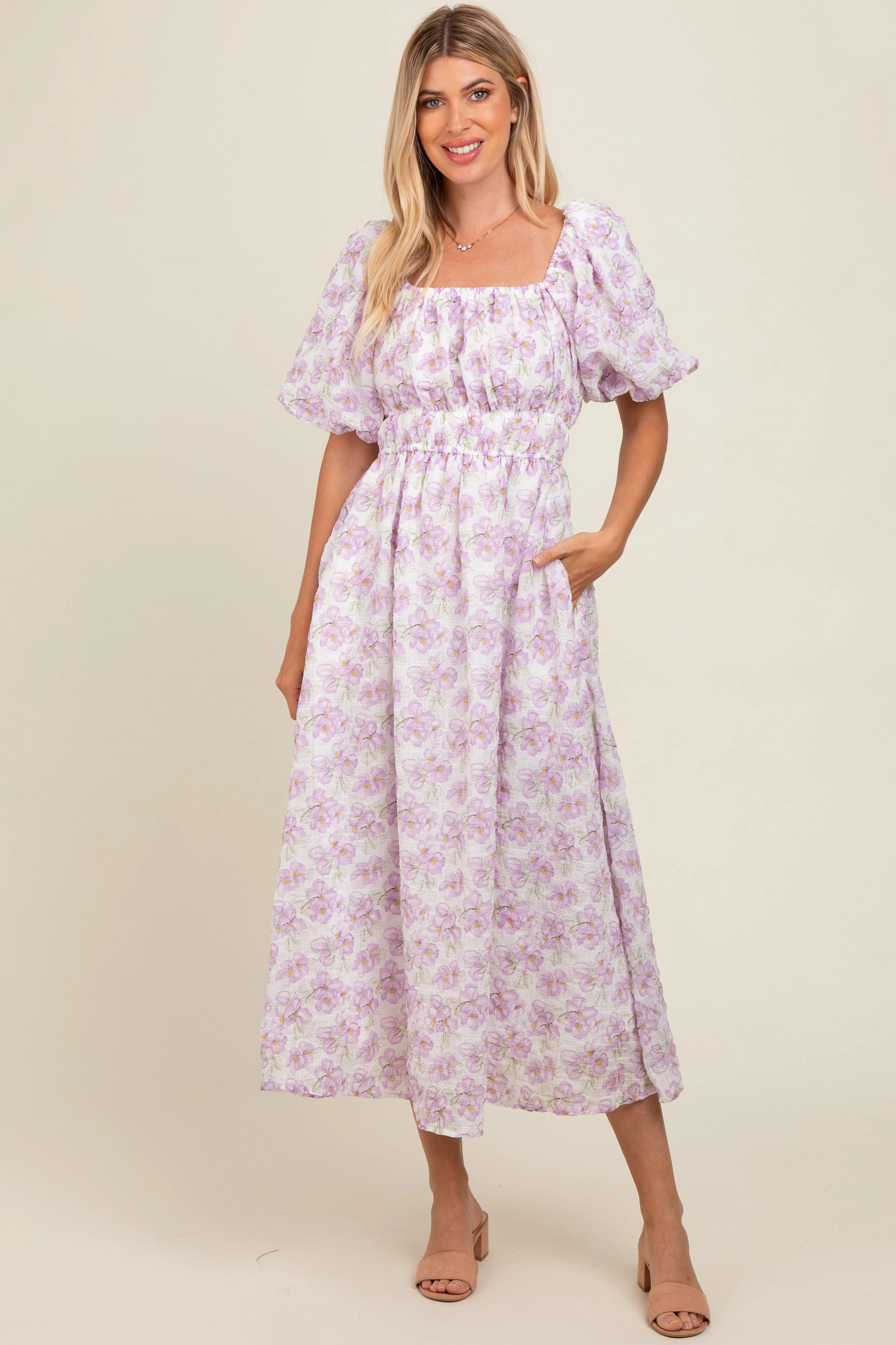 Lavender Floral Puff Sleeve Maternity Midi Dress sold by Pinkblush product image thumbnail 3