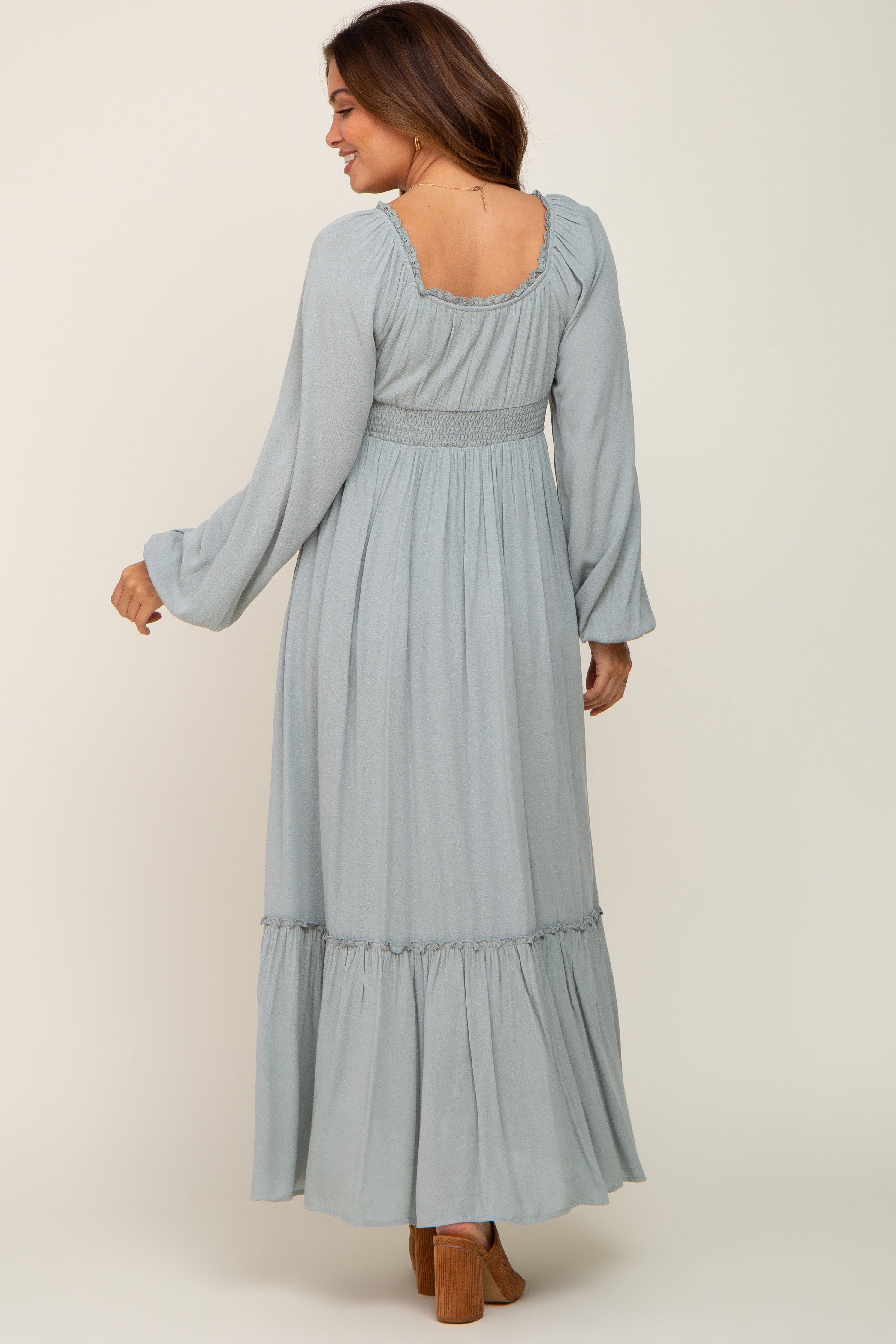 Light Blue Lace Trim Smocked Waist Maternity Maxi Dress sold by Pinkblush product image thumbnail 3