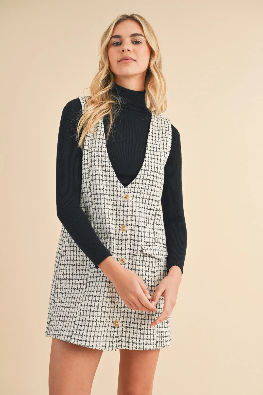 Cream Black Tweed Button-Up Mini Dress sold by Pinkblush product image thumbnail 2
