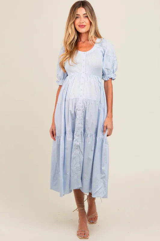 Light Blue Contrast Top Tiered Maternity Midi Dress sold by Pinkblush